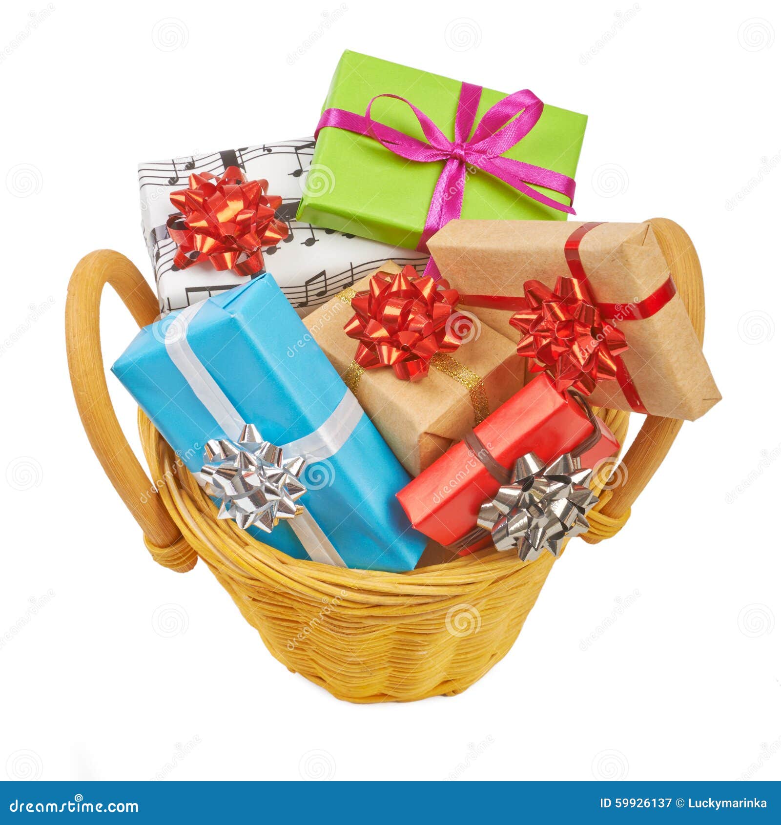 Many Colored Gift Boxes in a Basket Stock Image Image of green, gesture 59926137