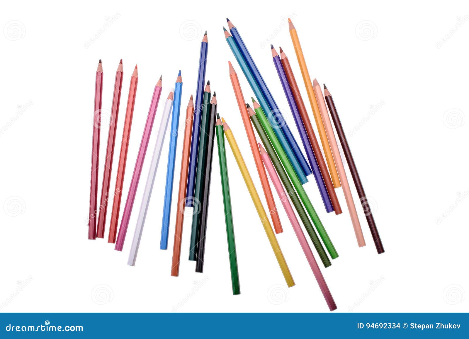 Many colored pencils isolated on white background, place for text.