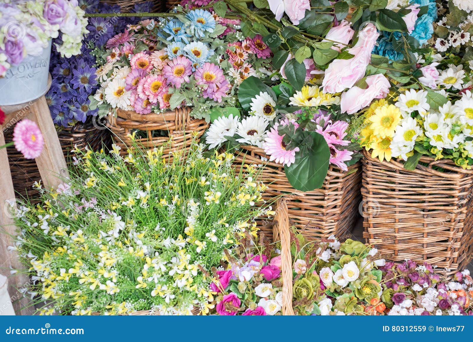 Many Colorful, Fake Flower in Basket. Stock Image Image of blossom