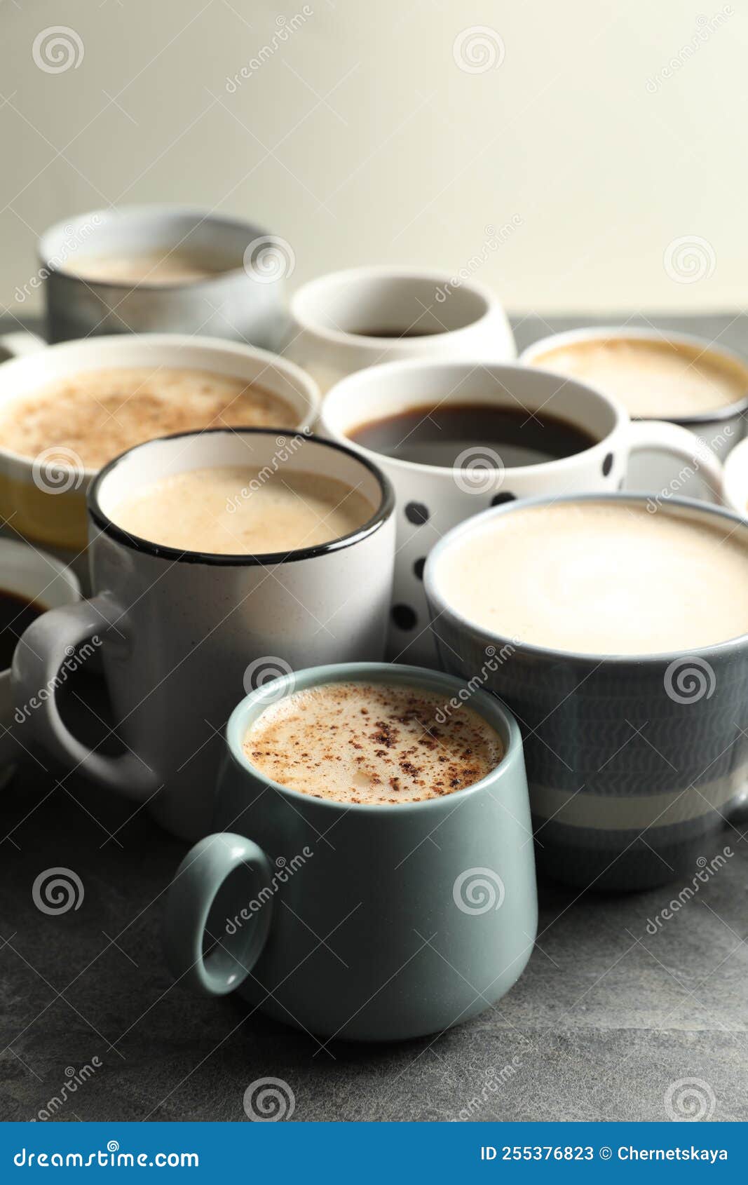 Many Cups of Different Coffees on Slate Table Stock Image Image of