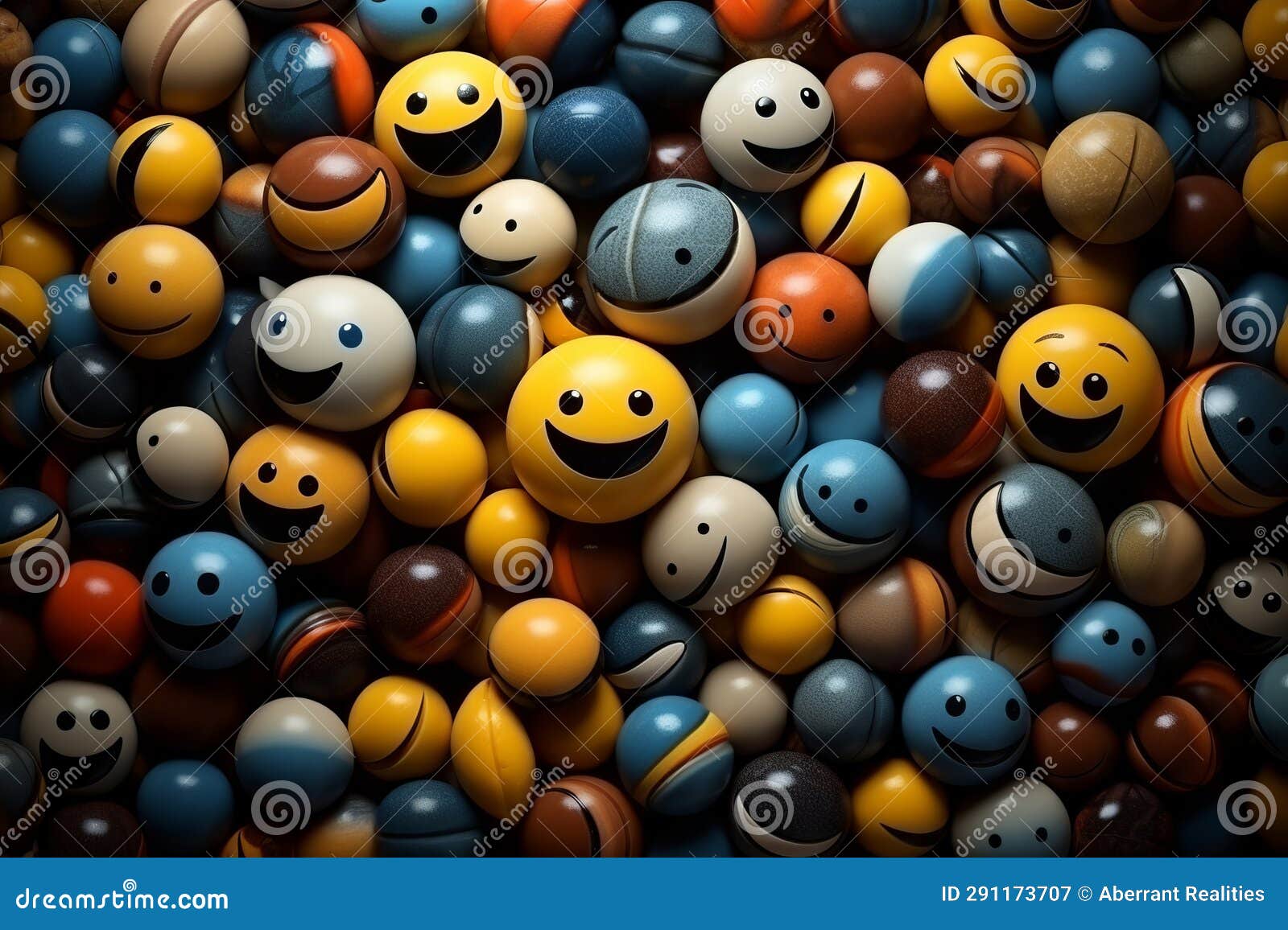Many Different Colored Balls with Smiley Faces on Them Stock