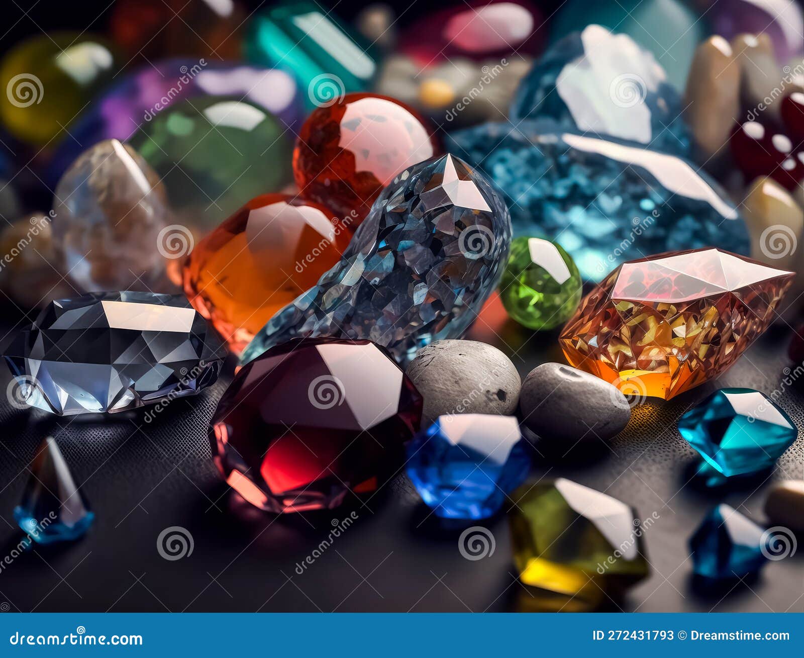 many different coloured gemstones on a dark table created with generative ai technology