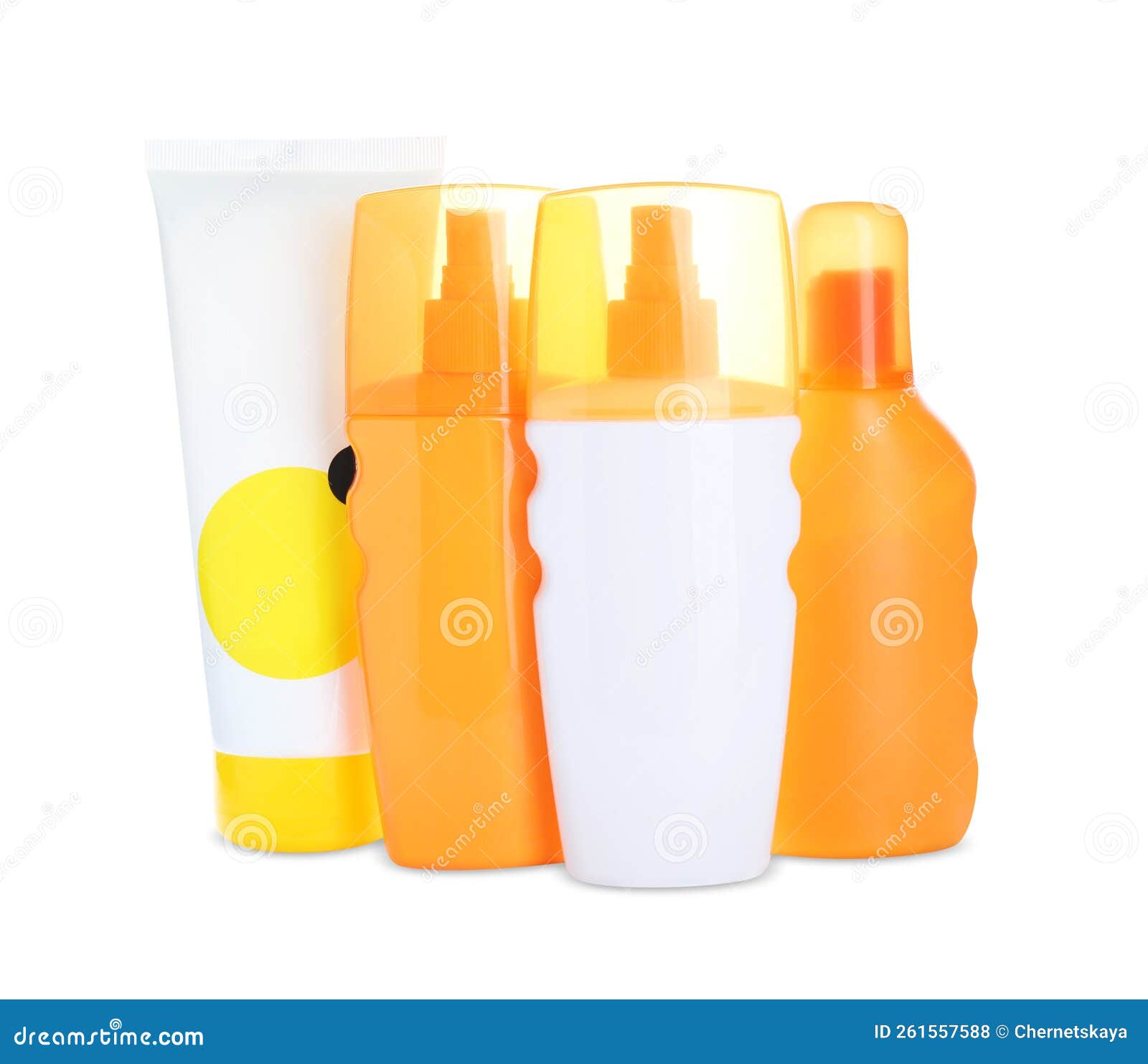Many Different Suntan Products on White Background Stock Photo Image