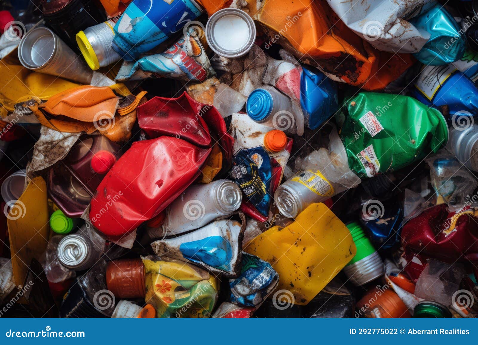 Many Different Types of Plastic Bottles and Cans are Piled Together