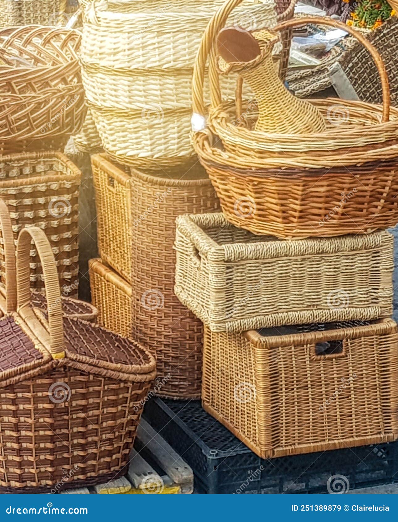 Many Different Wicker Baskets and Boxes Made of Natural Material, Close