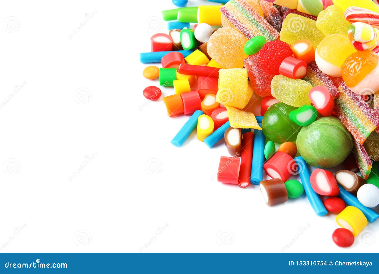 Many Different Yummy Candies On White Background. Stock Photo Image