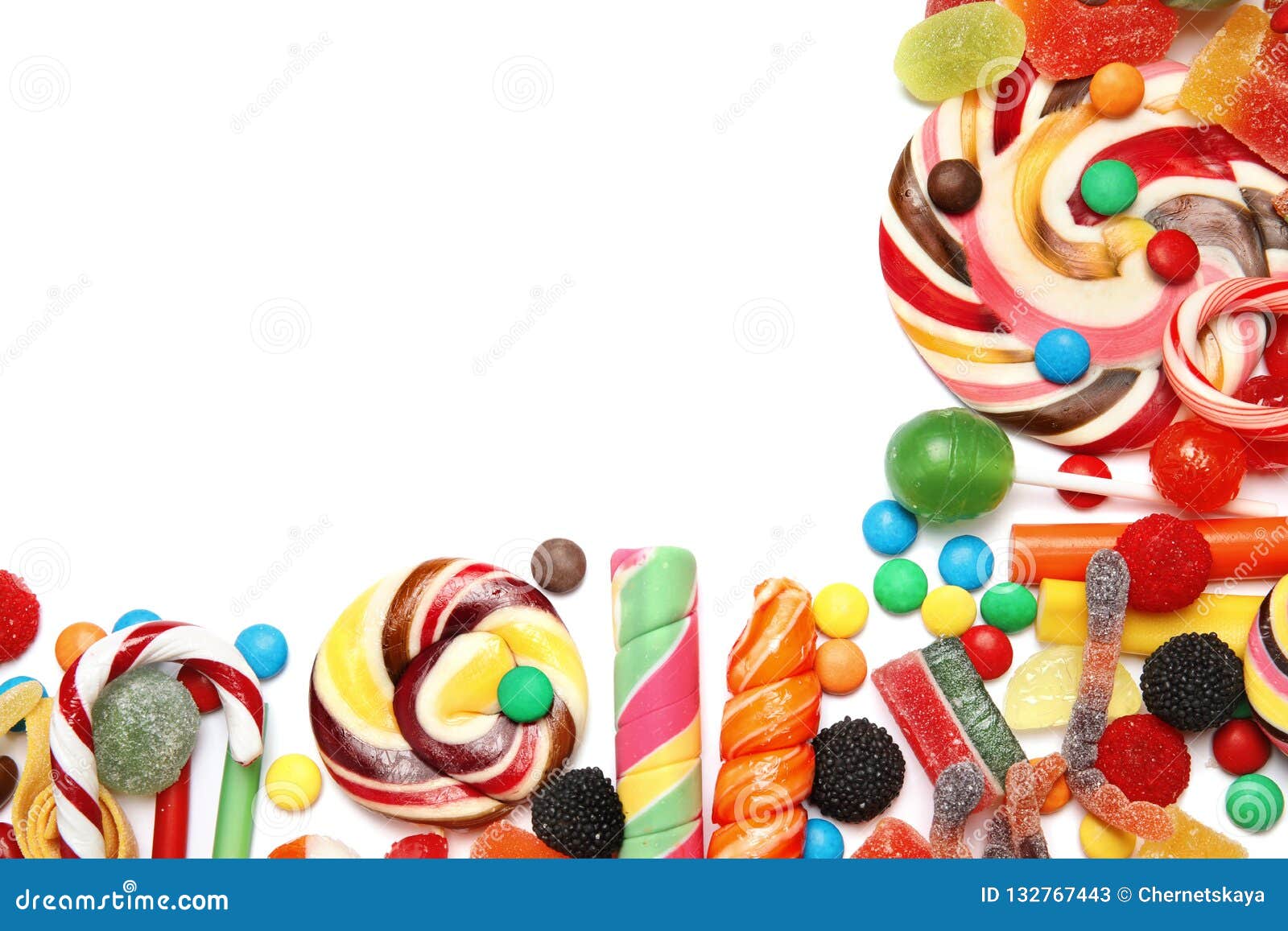 Many Different Yummy Candies On White Background Stock Image Image of