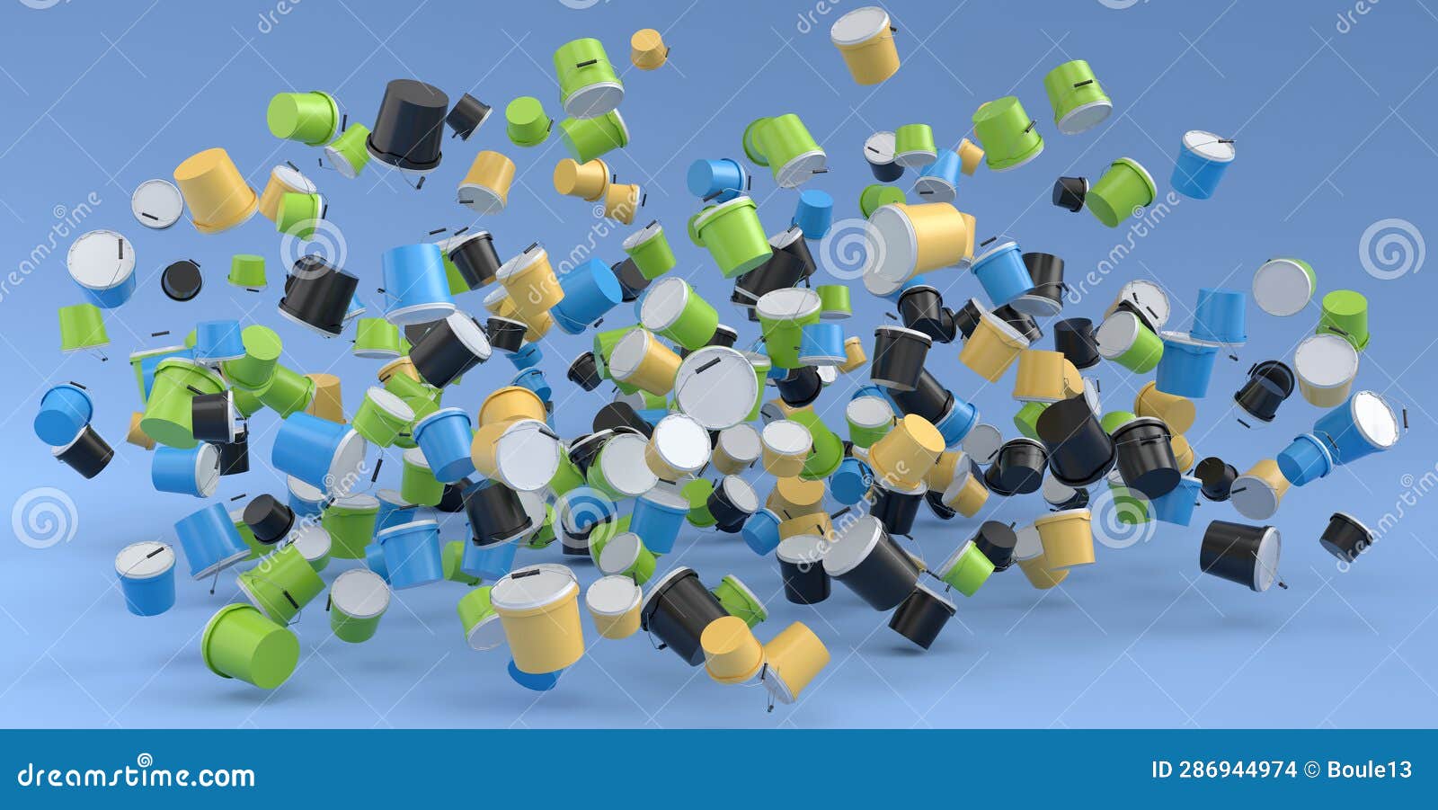 Many of Flying Plastic Cans or Buckets on Blue Background. Stock
