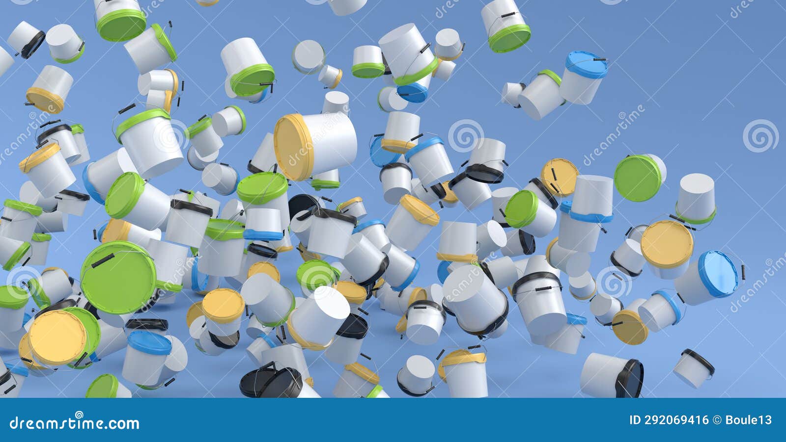 Many of Flying Plastic Cans or Buckets on Blue Background. Stock