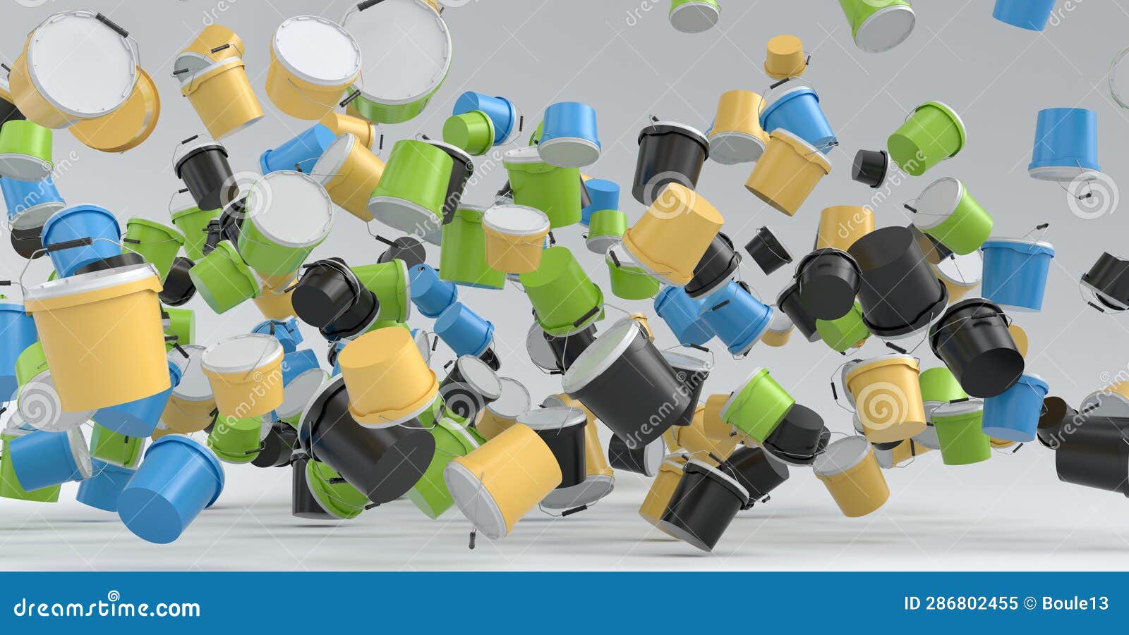 Many of Flying Plastic Cans or Buckets on White Background. Stock