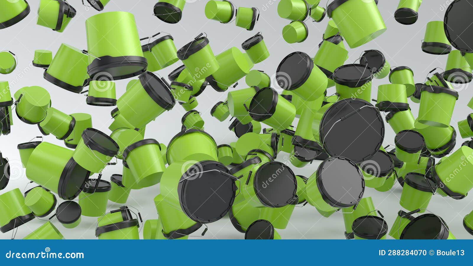 Many of Flying Plastic Cans or Buckets on White Background. Stock