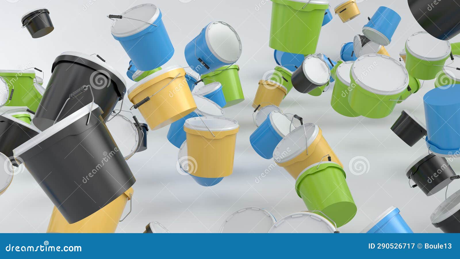 Many of Flying Plastic Cans or Buckets on White Background. Stock