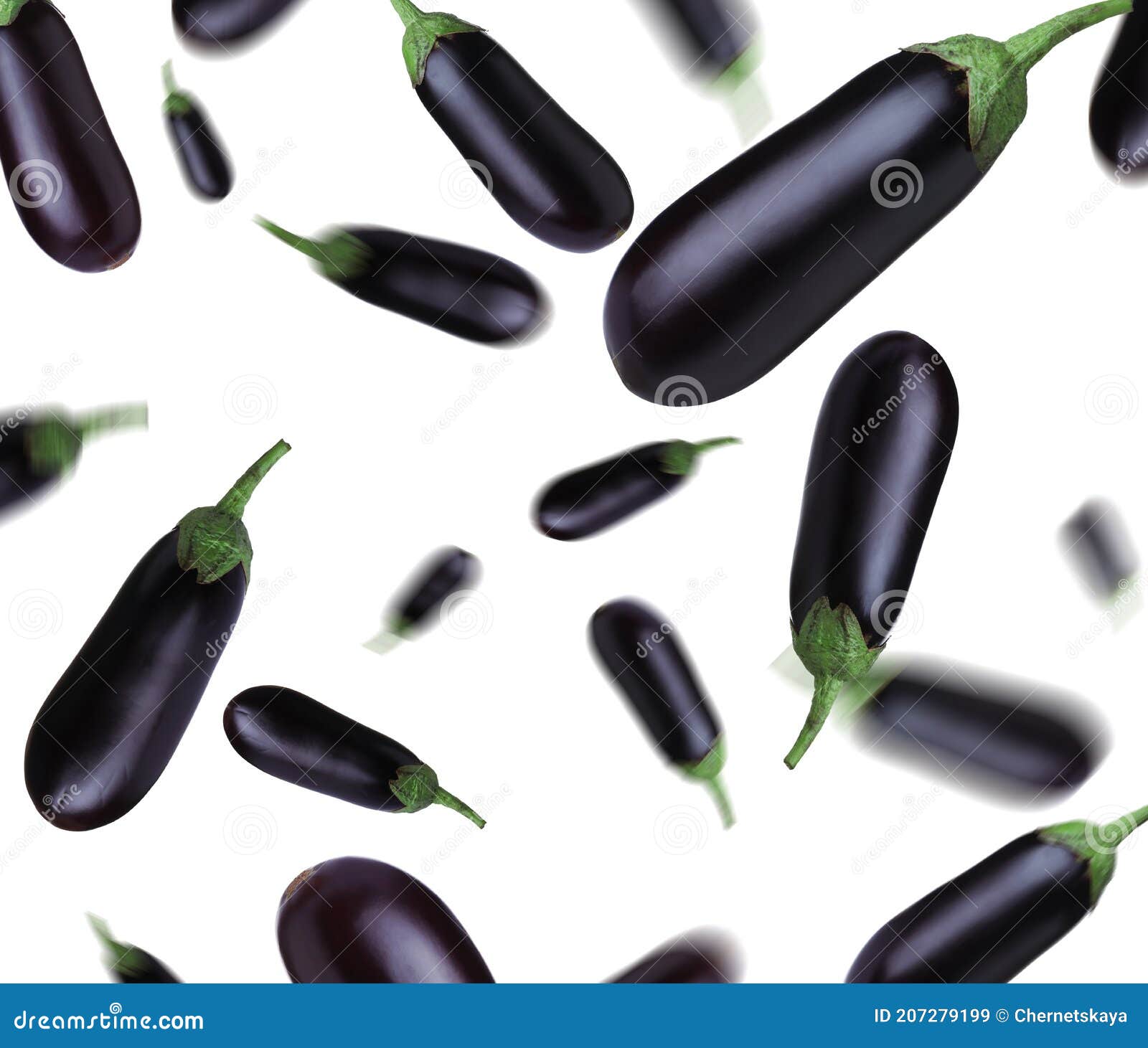 Many Fresh Eggplants Falling on White Background Stock Image Image of