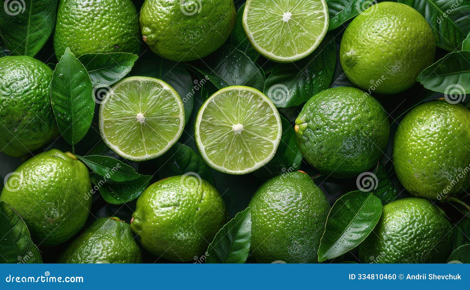 many fresh limes with green leaves - high-quality studio photography