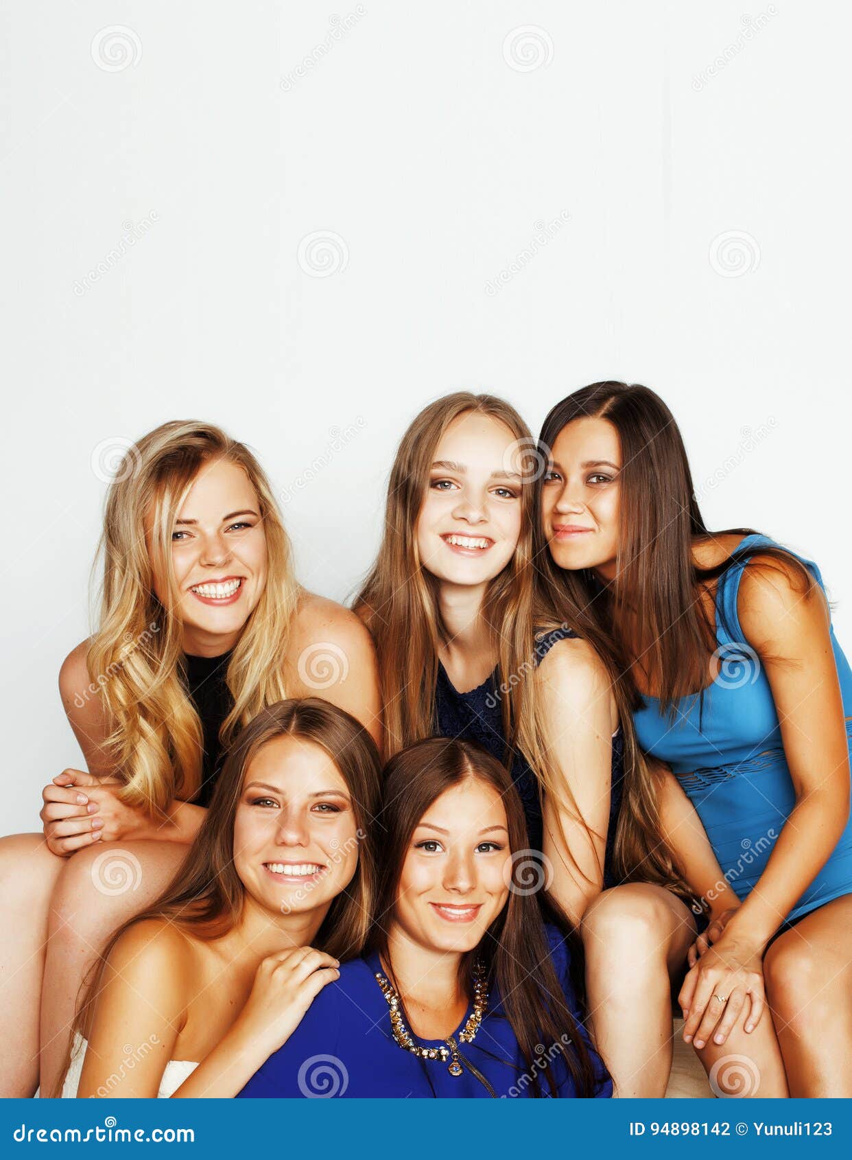 Many Girlfriends Hugging Celebration On White Background Smilin Stock