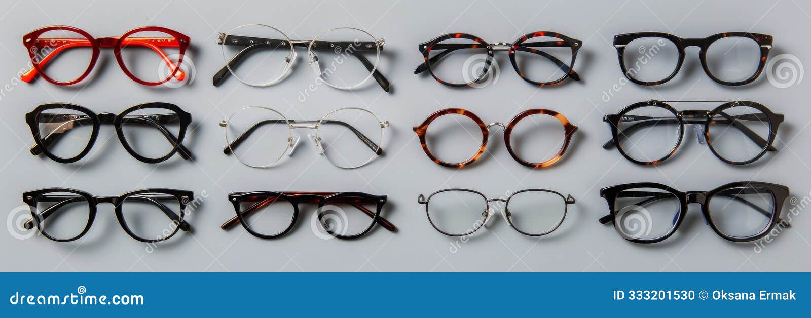 many glasses on light grey background, different eyewear, stylish eyeglasses set flat lay