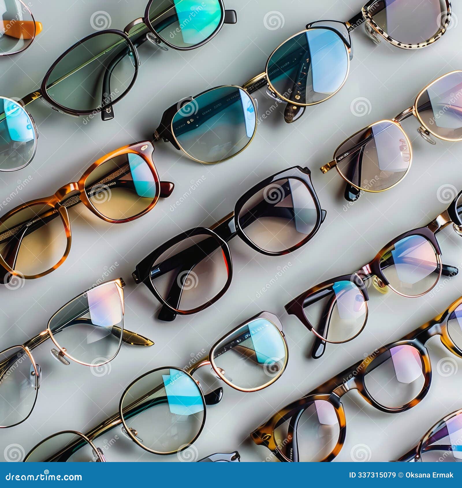 many glasses on light grey background, different eyewear, stylish eyeglasses set flat lay
