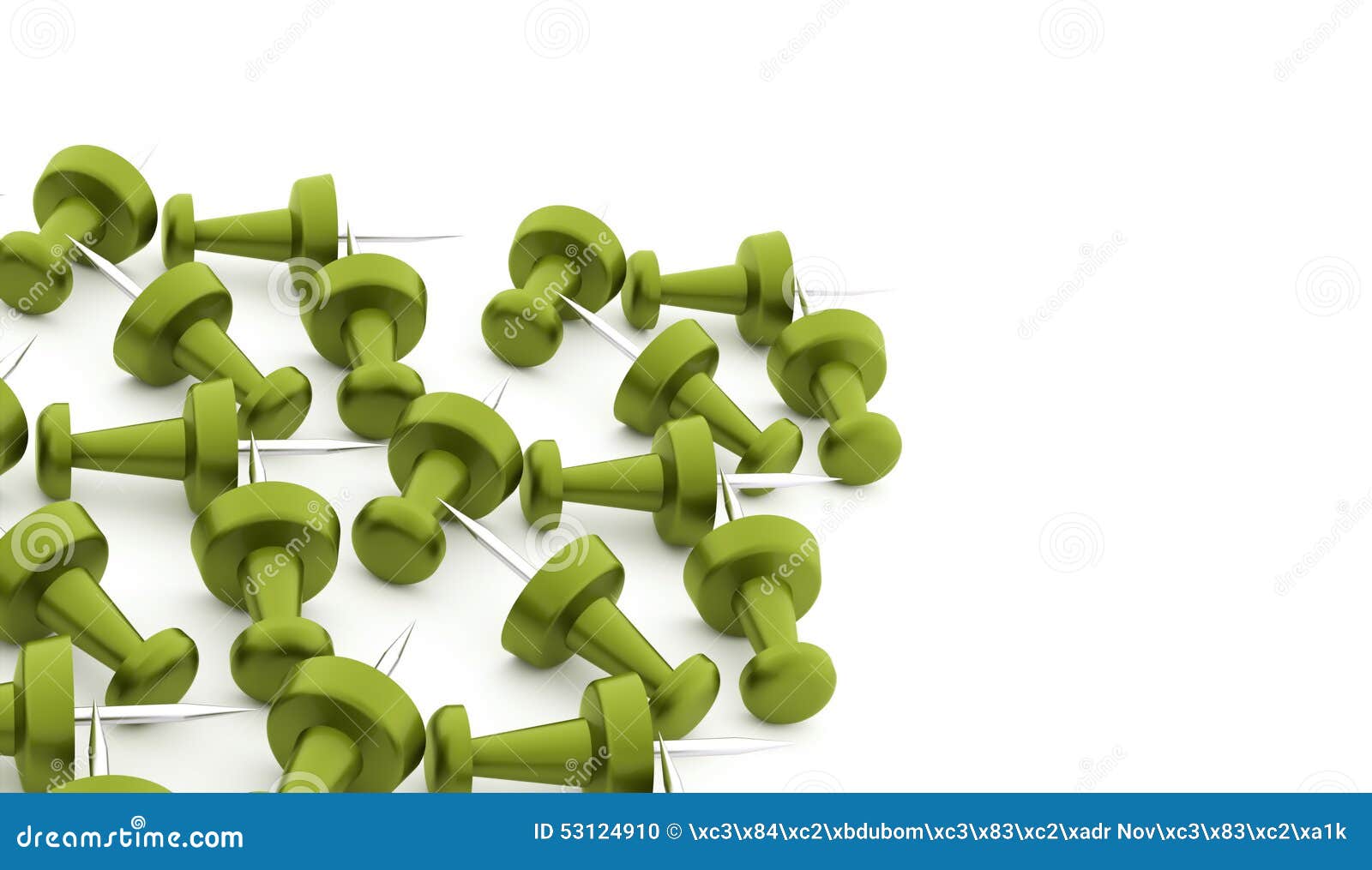 Many Green Push Pins Rendered on White Stock Illustration