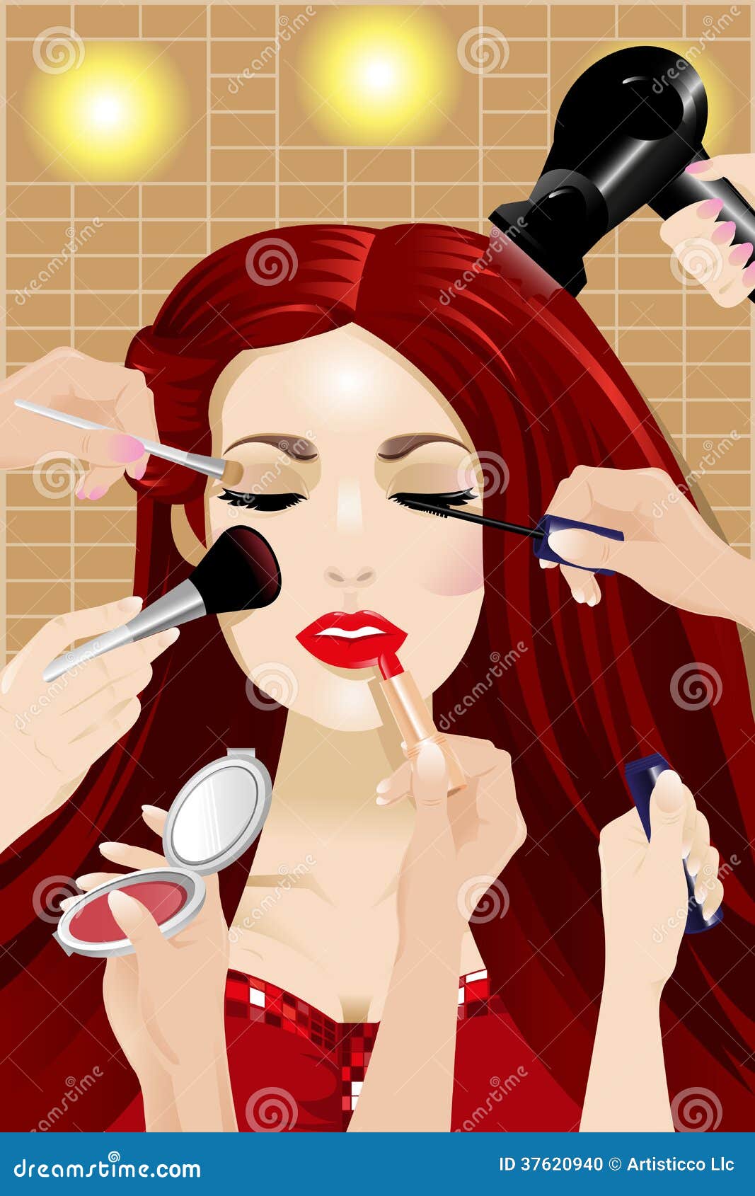 Many Hands Applying Makeup On A Woman Head Stock Vector 
