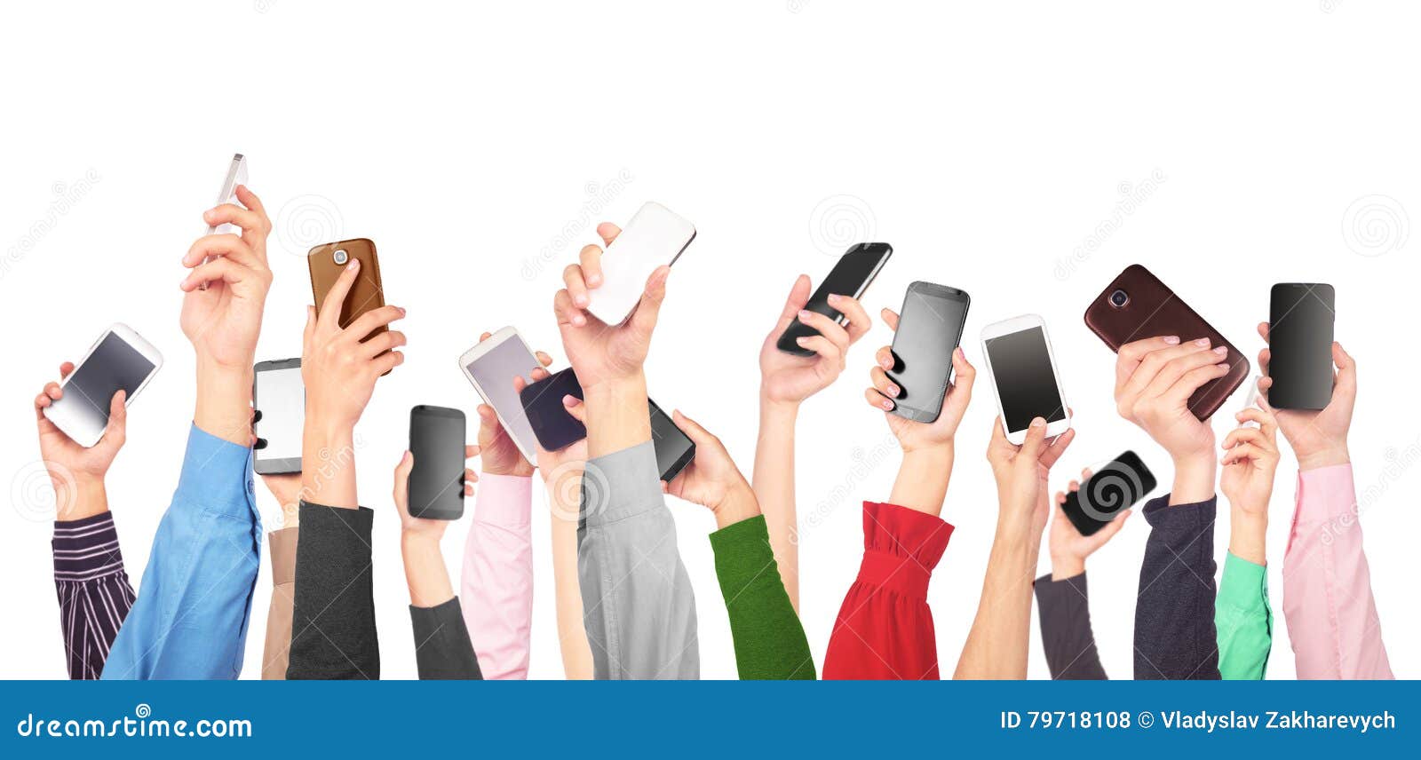 many hands holding mobile phones