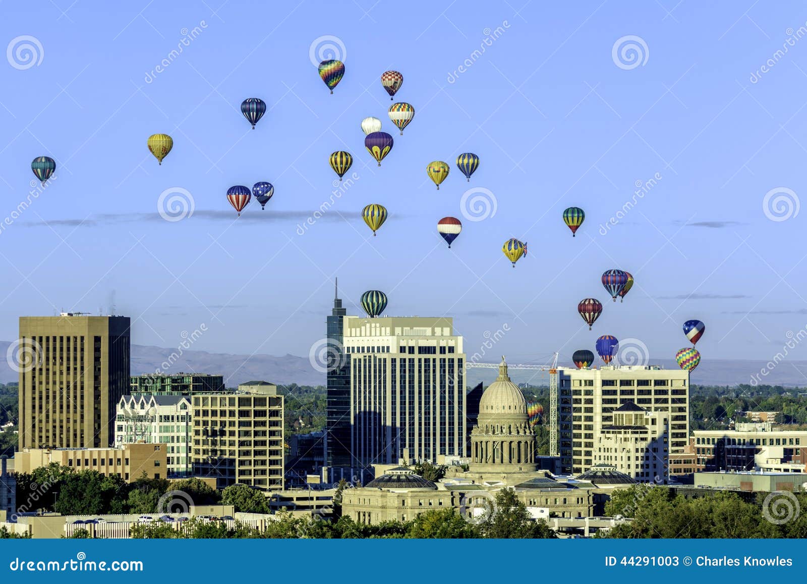 many hot air ballons over the city of boise idaho