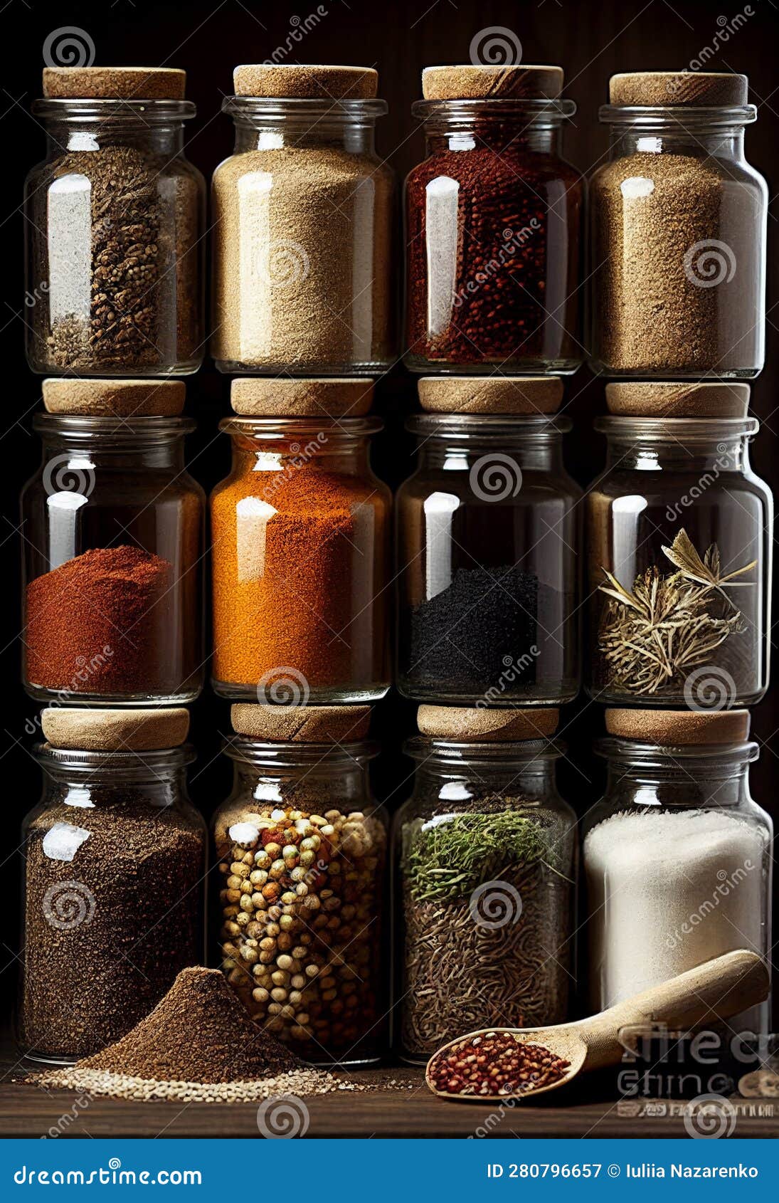 Many Jars with Different Herbs and Spices. AI Generated Stock Illustration Illustration of