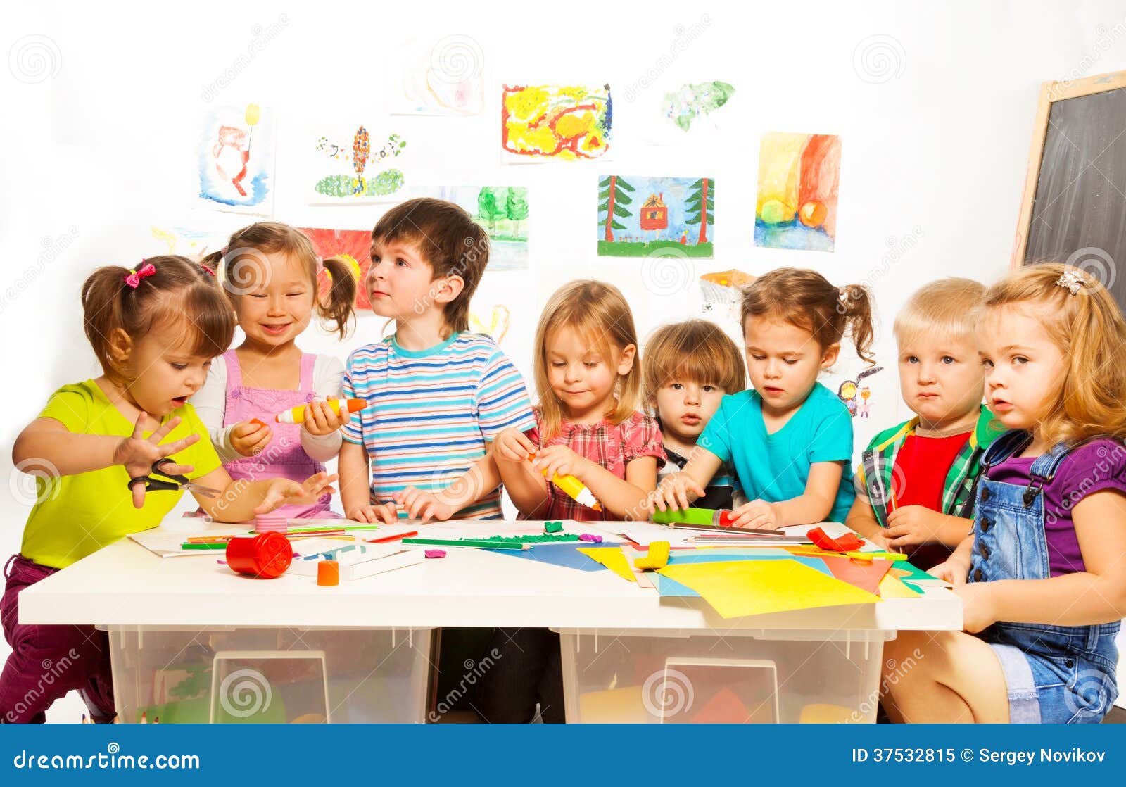 Many Kids Drawing And Gluing Stock Image - Image of paint ...