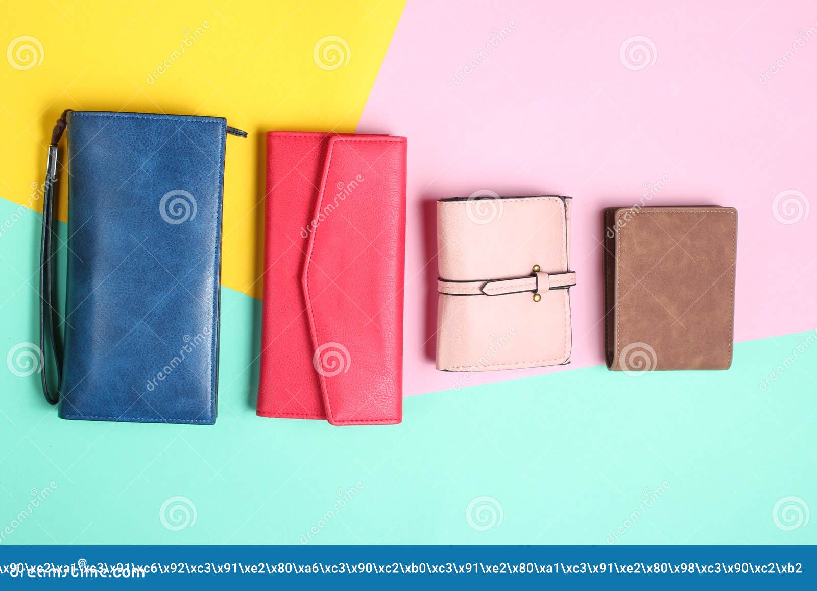 Many Leather Purses on a Colored Pastel Background. Top View. Stock Photo Image of female