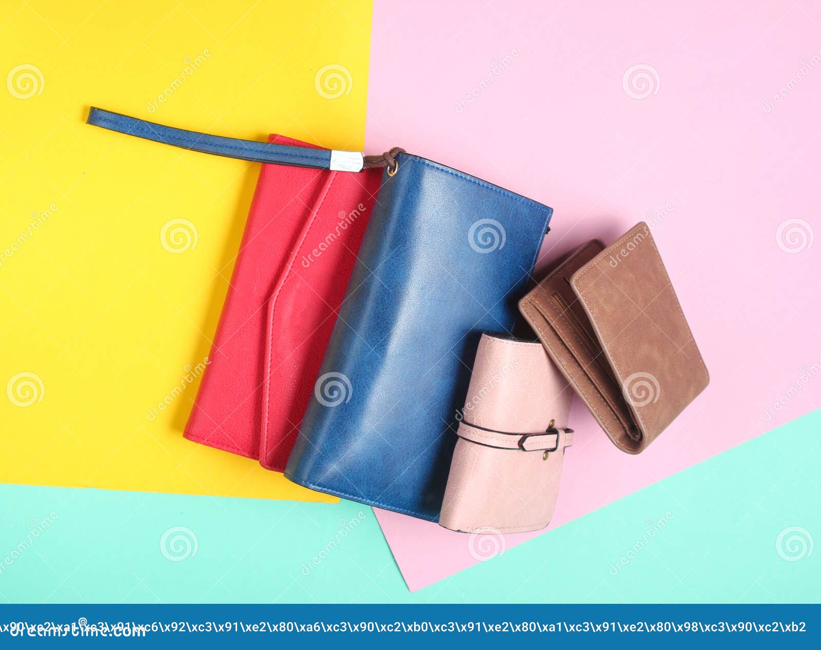 Many Leather Purses on a Colored Pastel Background. Top View. Stock Photo Image of modern