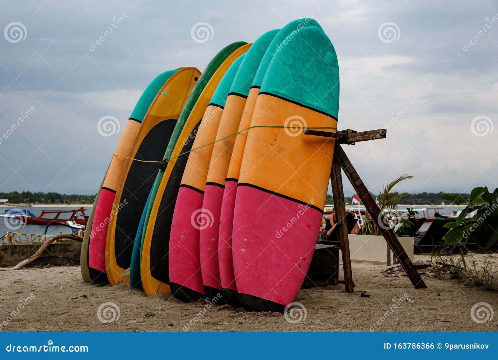 Many Multicolored Surfboards in a Row for Rent Stock Photo Image of