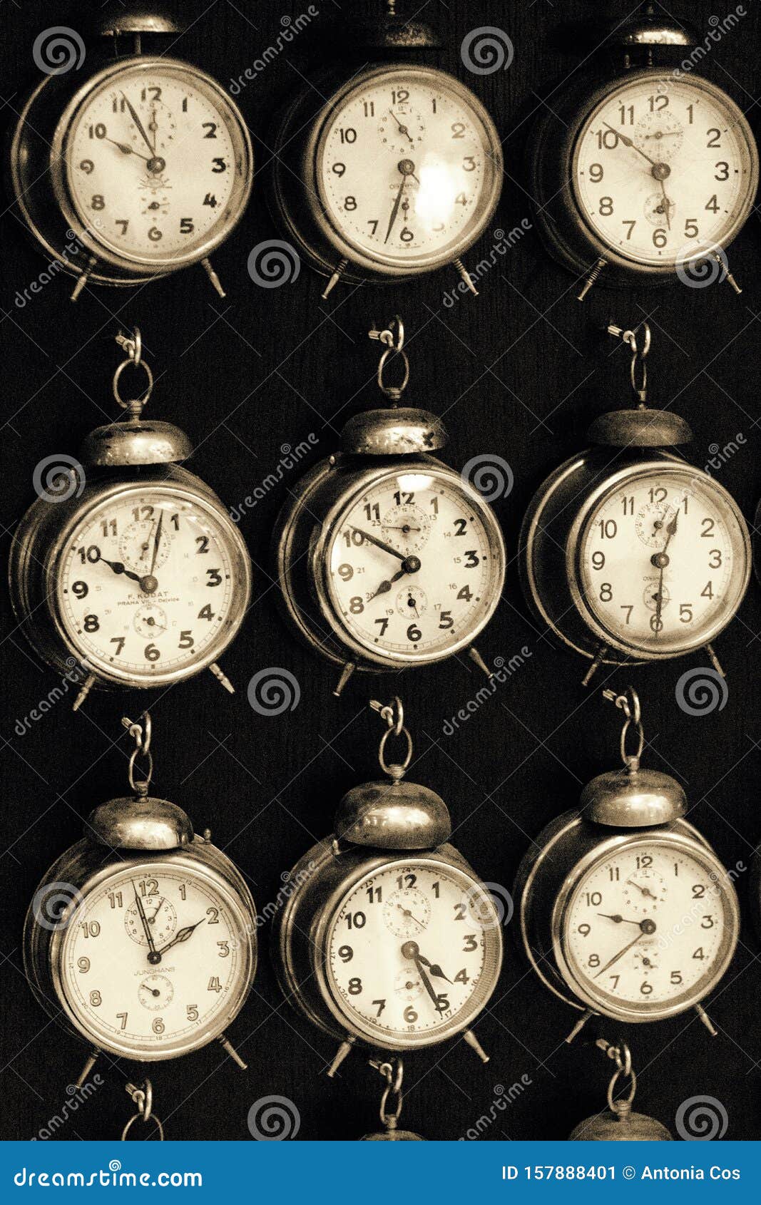 Many Old Alarm Clocks All Marking a Different Time Stock Image Image