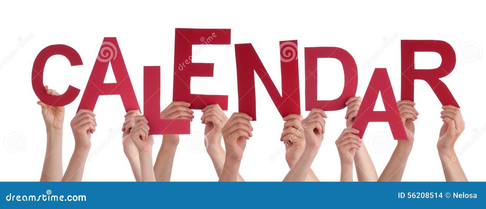 many people hands holding red word calendar stock photo the word calendar