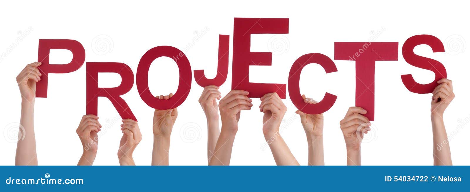 many people hands holding red word projects