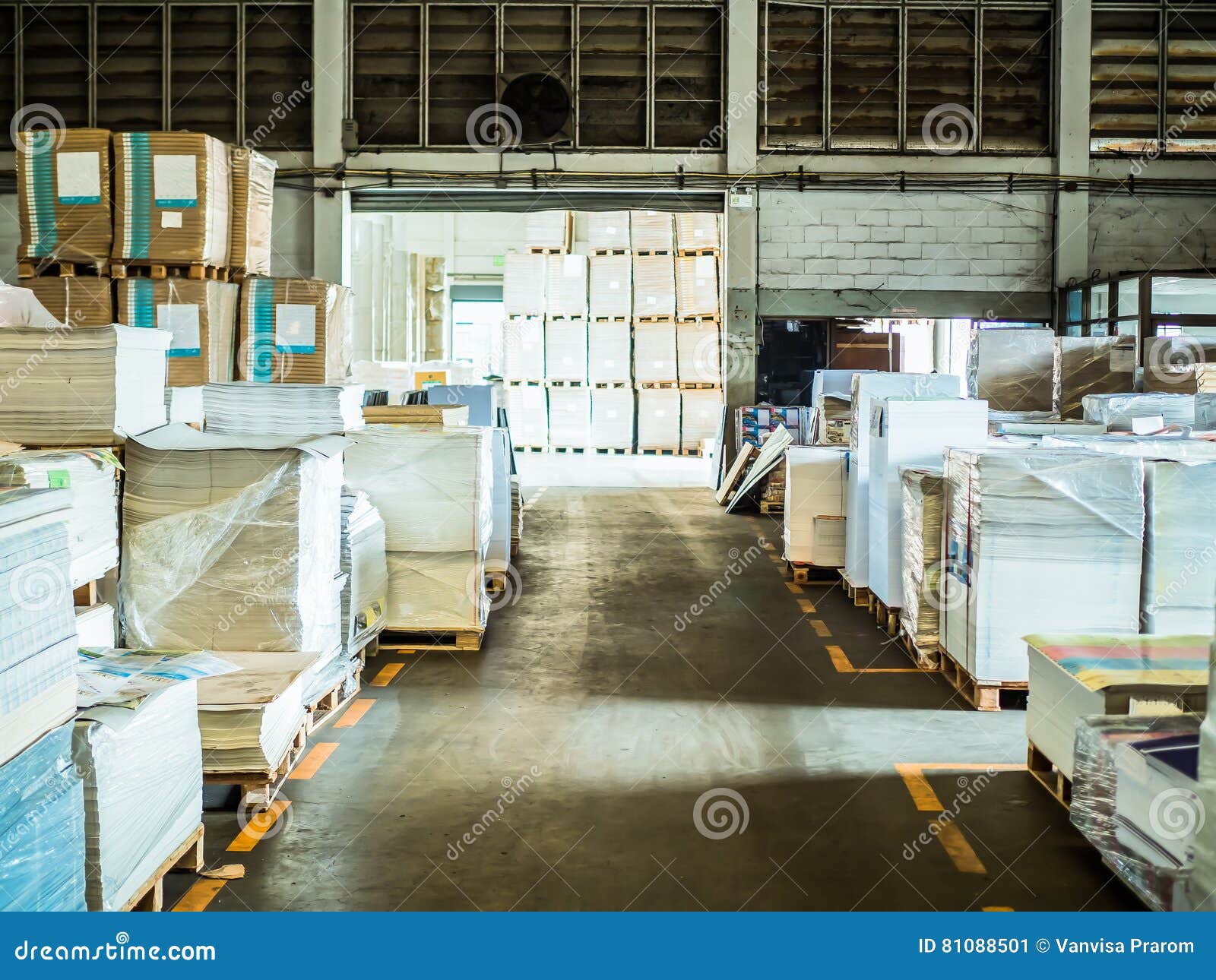 Many Plastic Packaging of Paper in a Large Warehouse. Stock Image