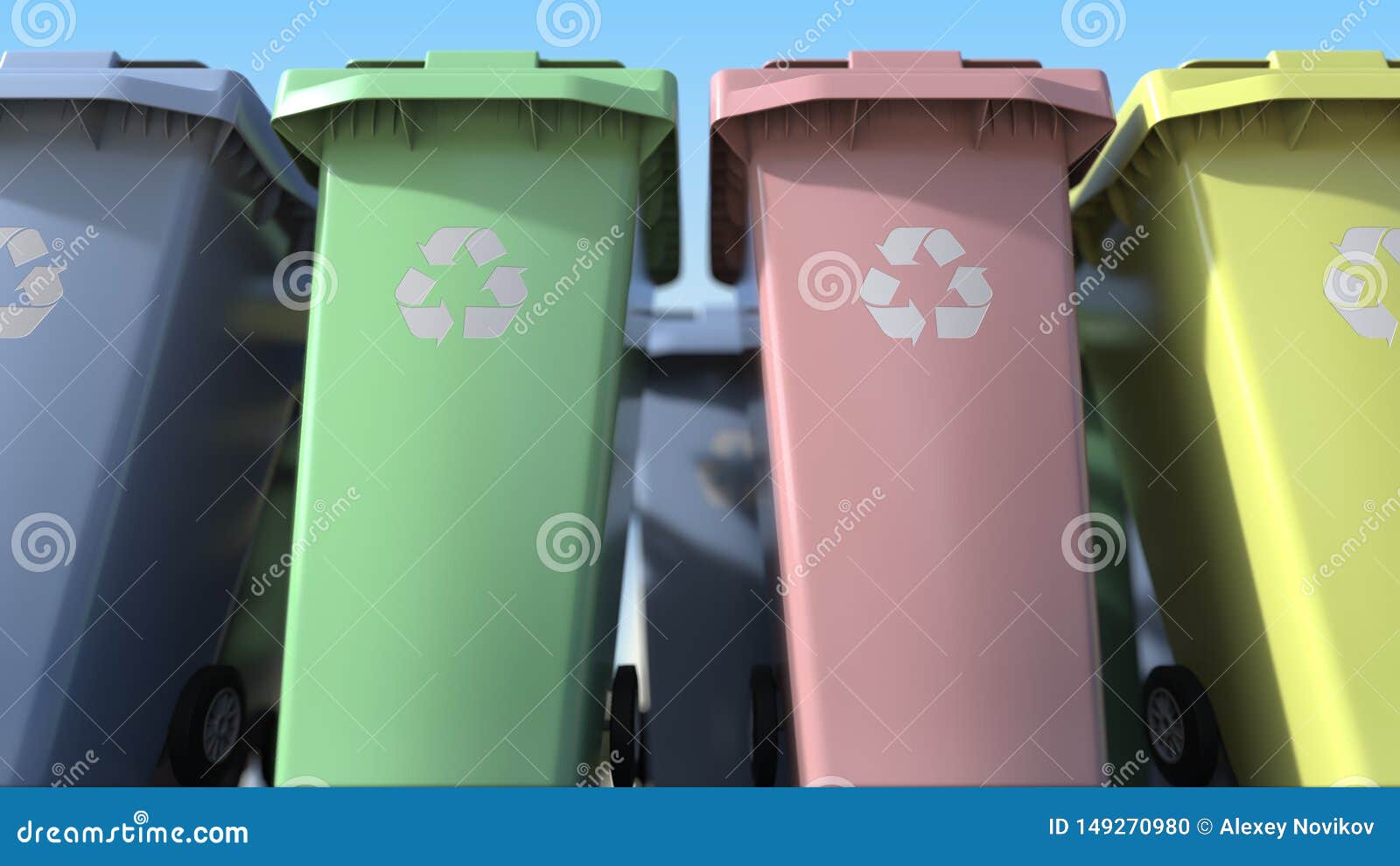 Many Plastic Trash Cans with for Sorting Domestic Garbage. 3D Rendering