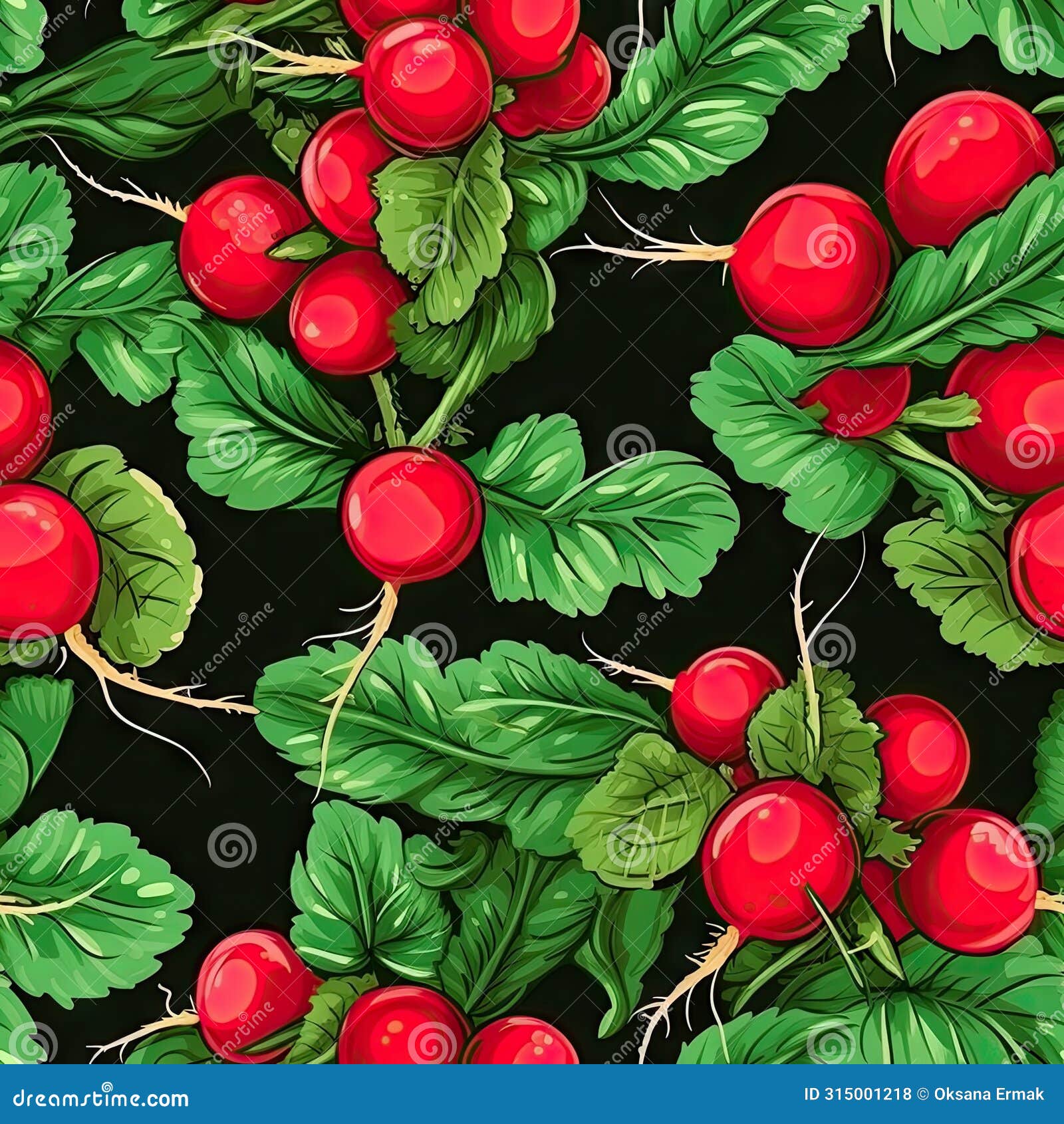 many radis bunches seamless pattern, fresh radish root bundle, pile of red radishes with green leaves