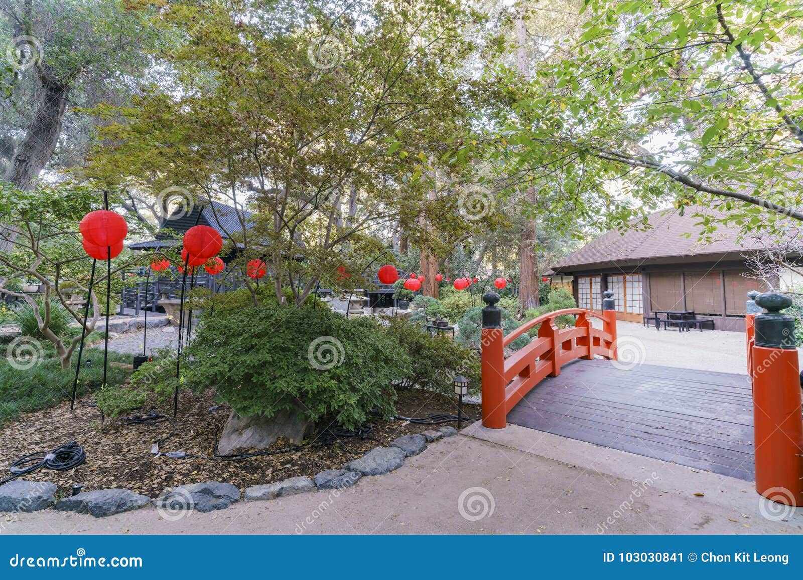 many red lantern in japanese garden of descanso garden