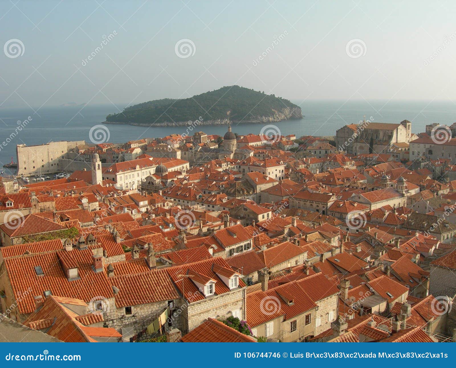 many red roofs with the sea and an island in the horizon