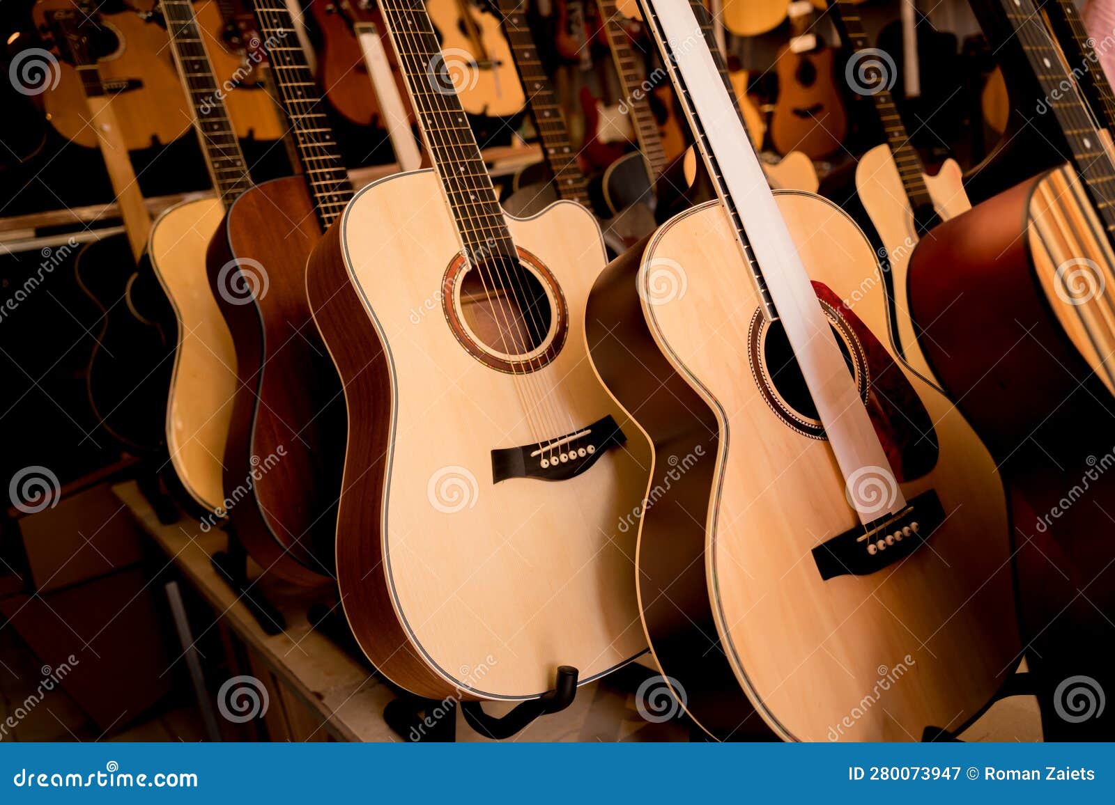 Many Rows of Classical Guitars in the Music Shop Stock Image Image of