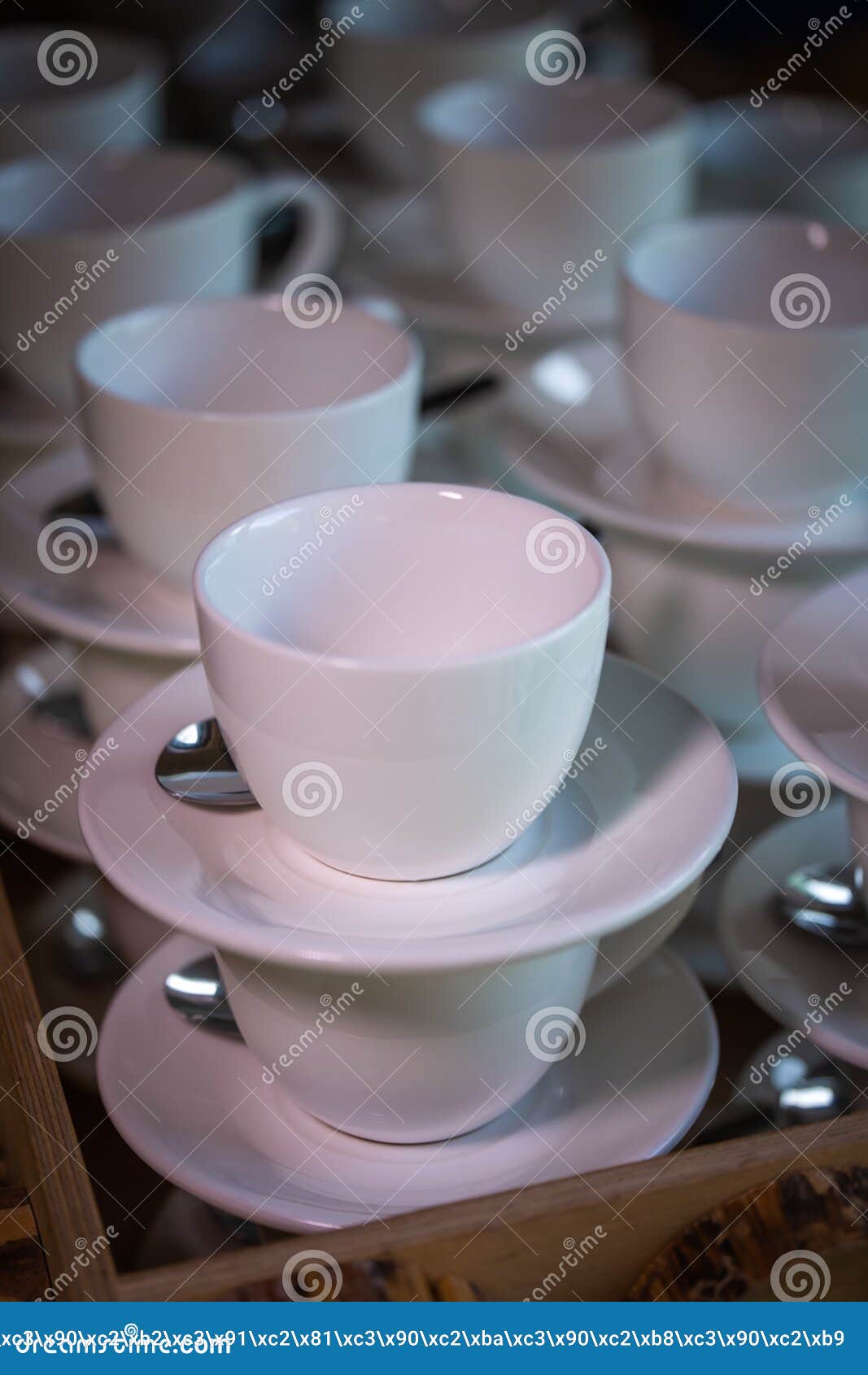 Many Rows of White Mugs or Cups for Coffee and Tea, Standing on Top of
