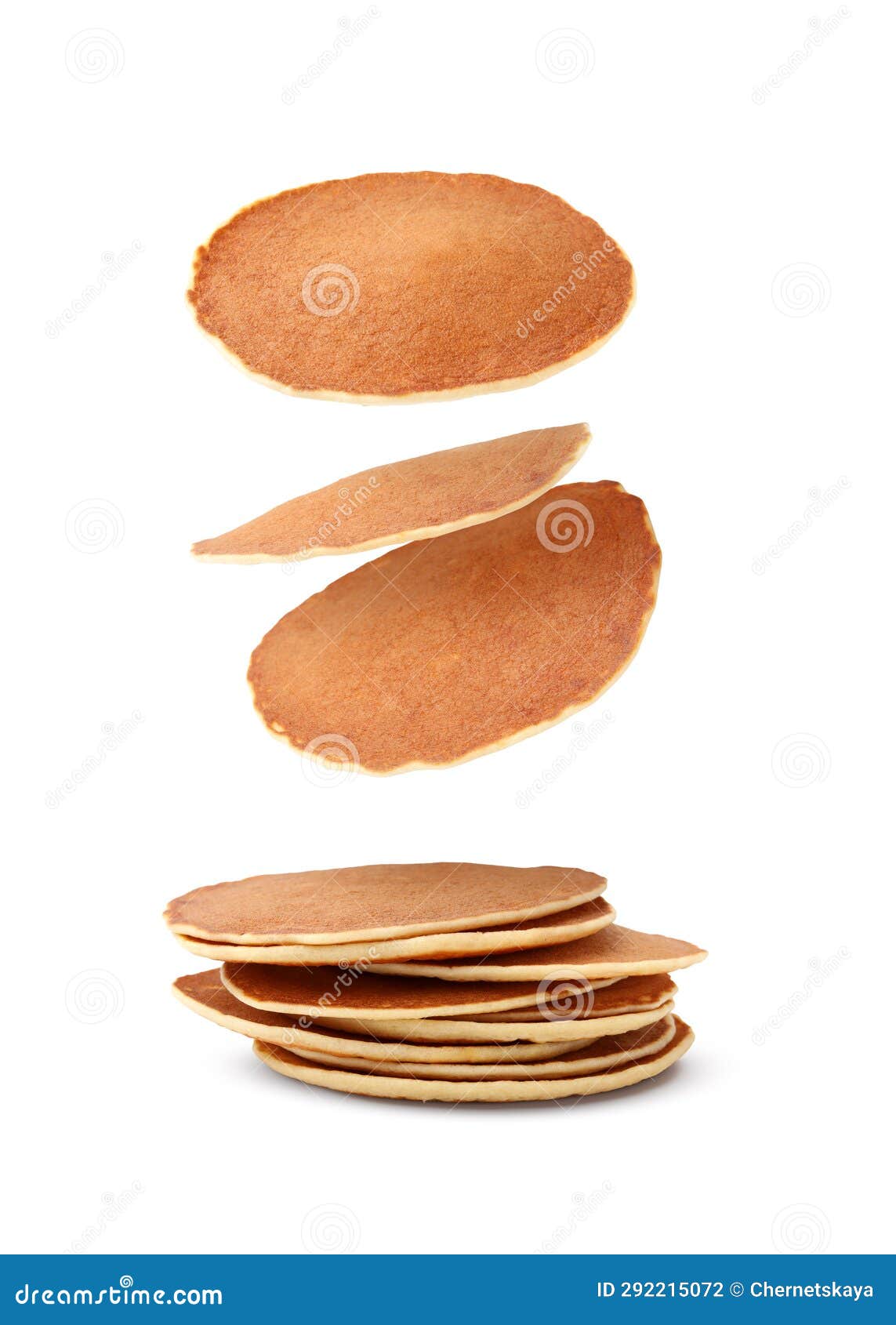 Many Tasty Fresh Pancakes Falling on White Background Stock Photo
