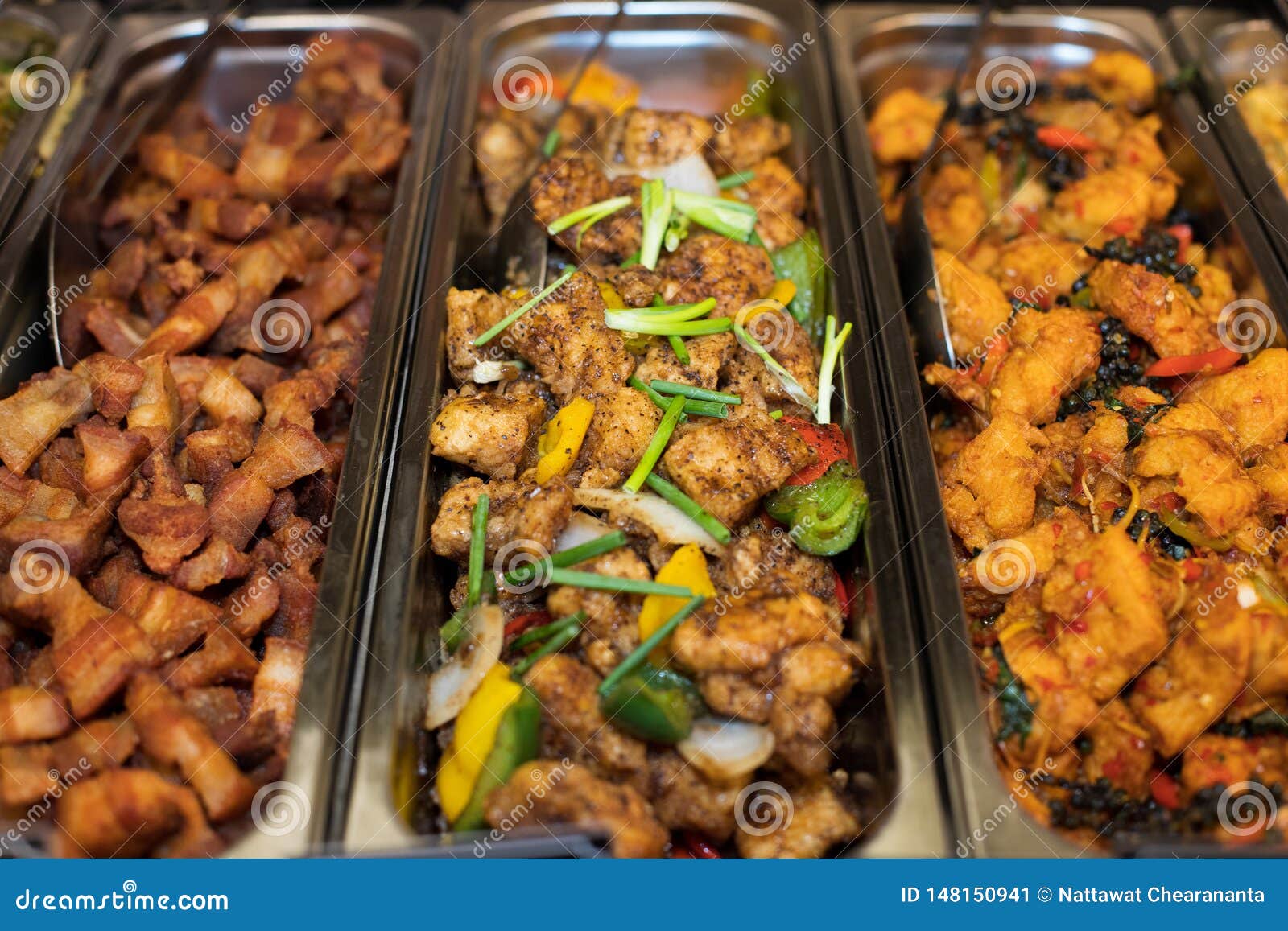 Many Thai Spicy Food in Buffet Catering Plate Stock Image - Image of