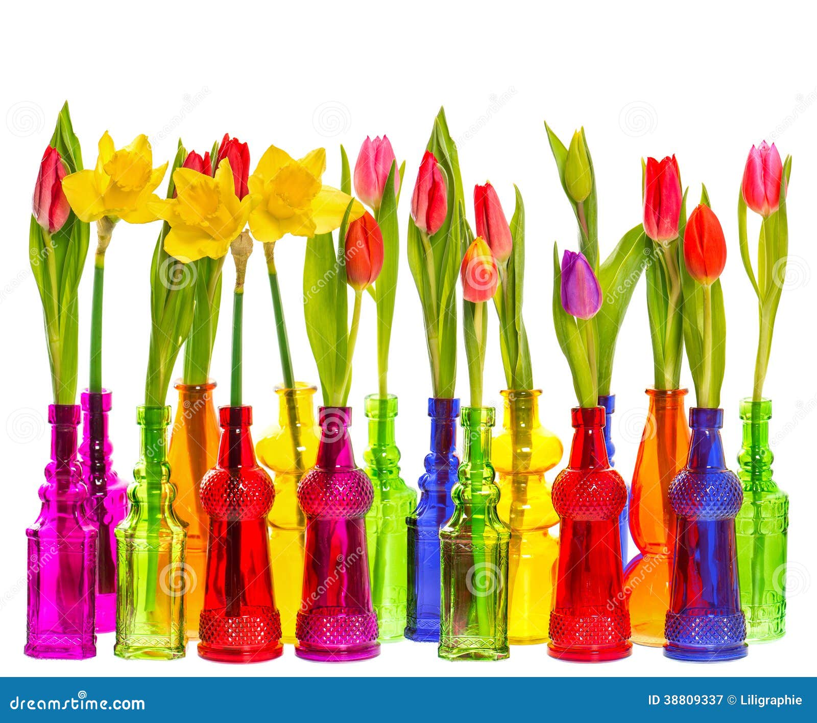Many Tulip And Narcissus Flowers In Colorful Vases Stock Image - Image ...