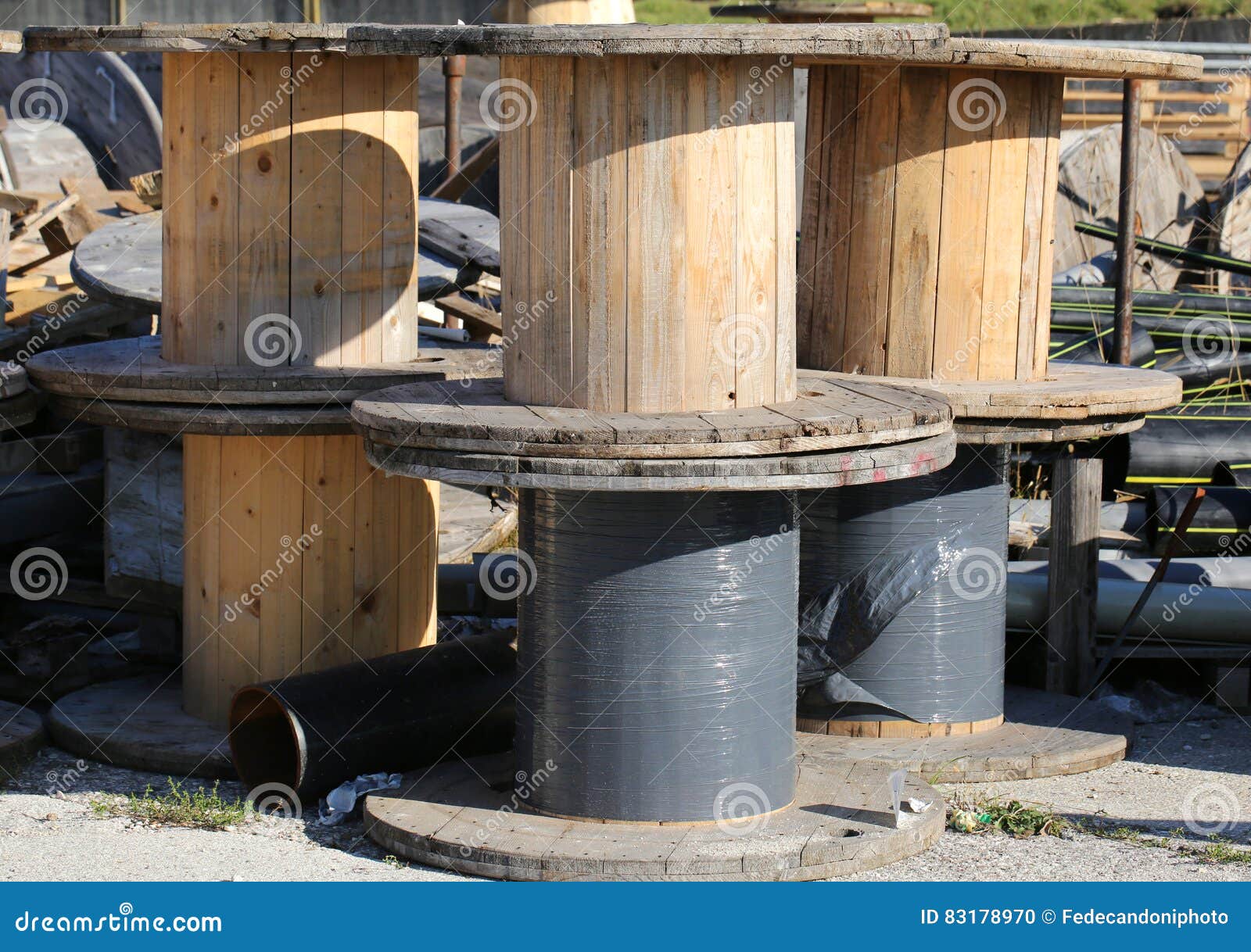Many Wooden Reels for Electrical Cables in Landfill Stock Photo - Image ...