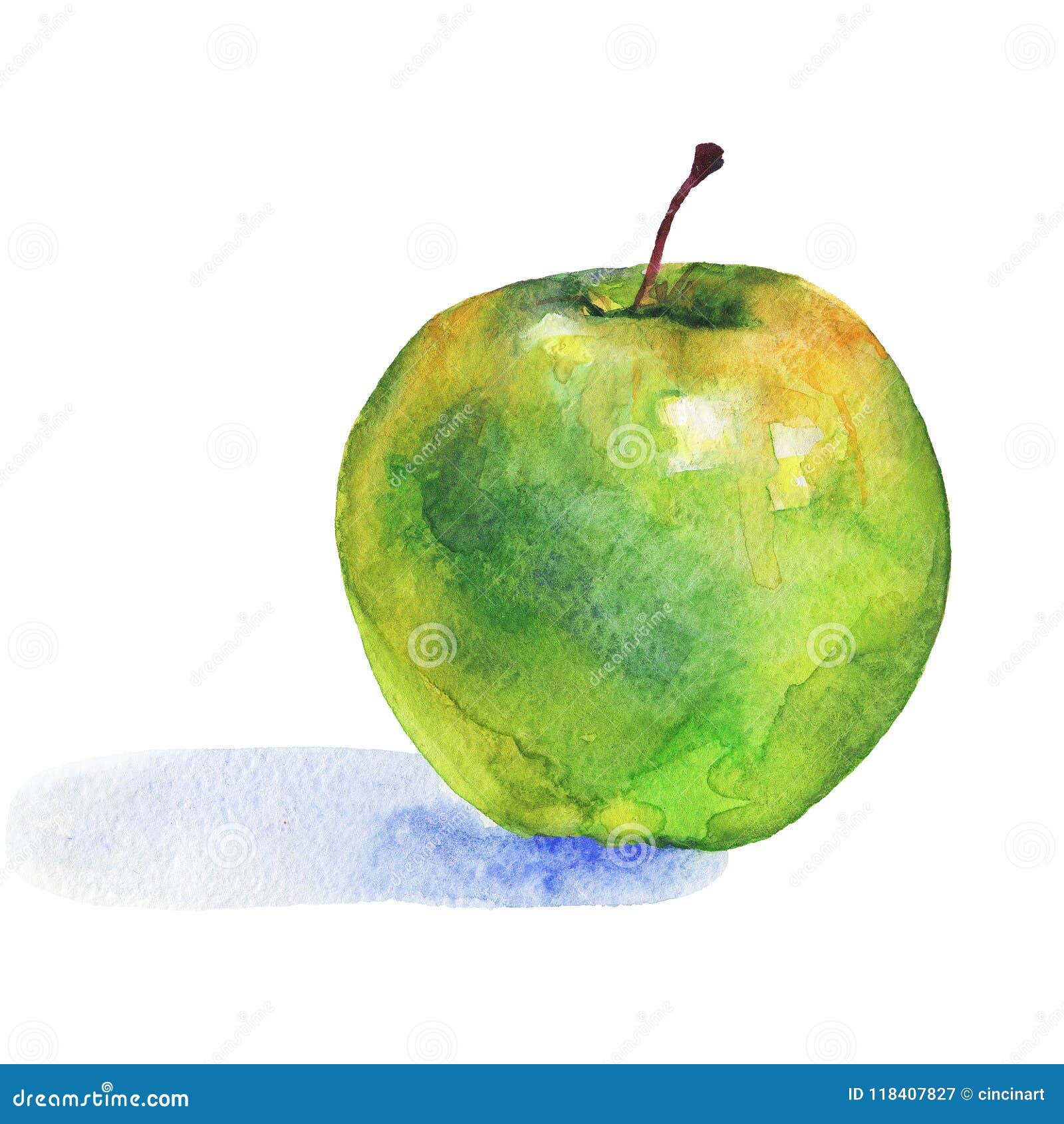 Зелёное яблоко живопись акварелью