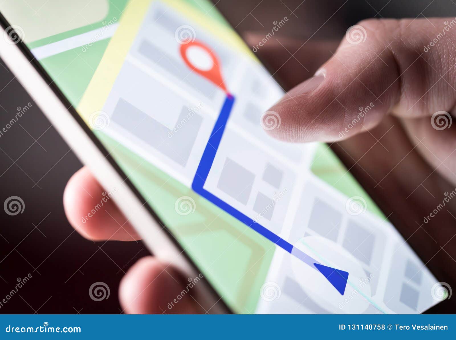 map application in smartphone. man navigating in city with mobile phone.