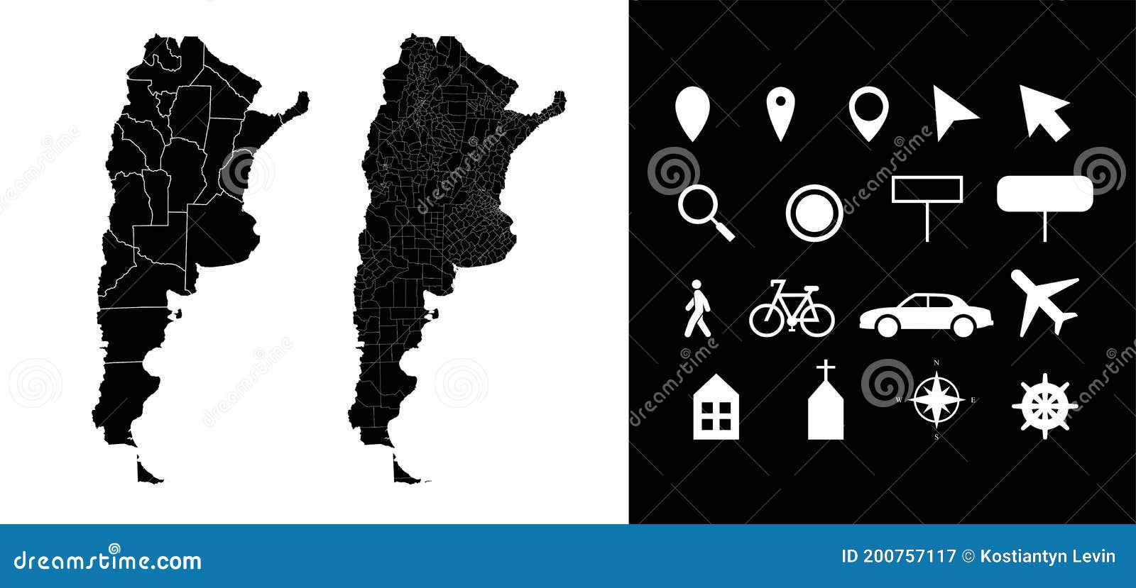map of argentina administrative regions departments, icons. map location pin, arrow, man, bicycle, car, airplane