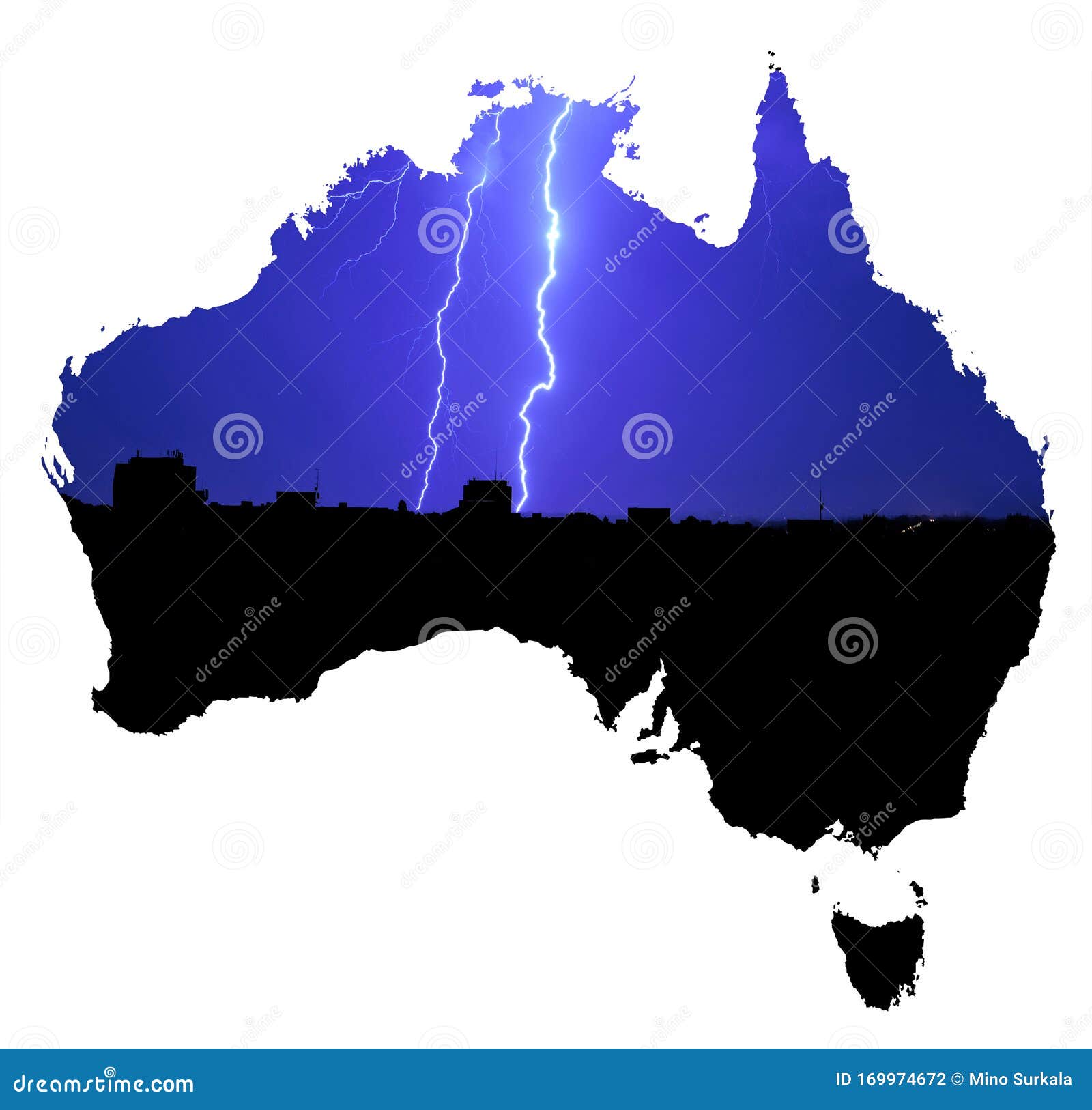 Map Of Australia With A Photo Of Landscape With Strom And Lightning In The Background As A Symbol Of Floods Which Destroy The Stock Photo Image Of Natural Change