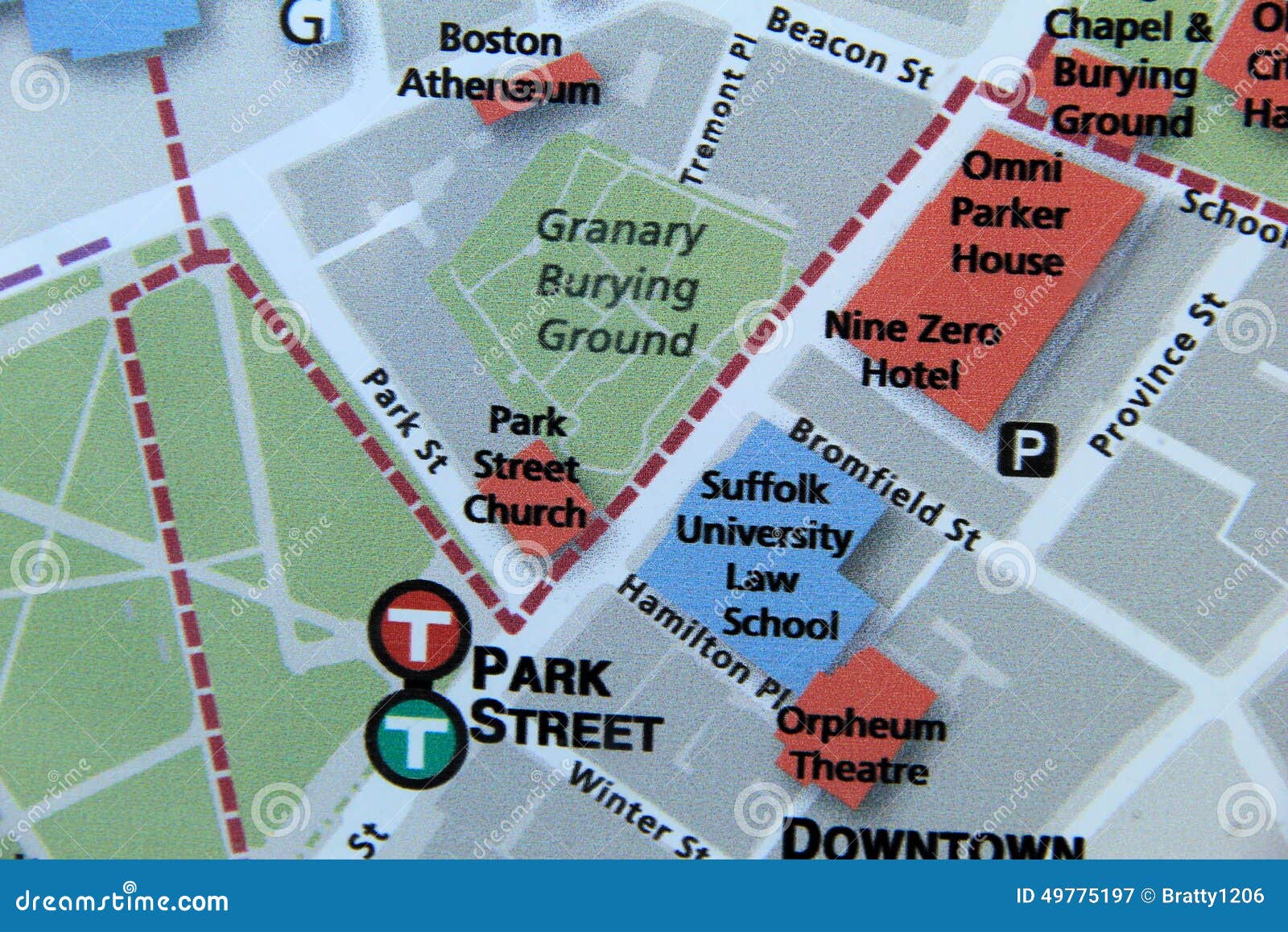 map of boston, namely where granary burying ground is