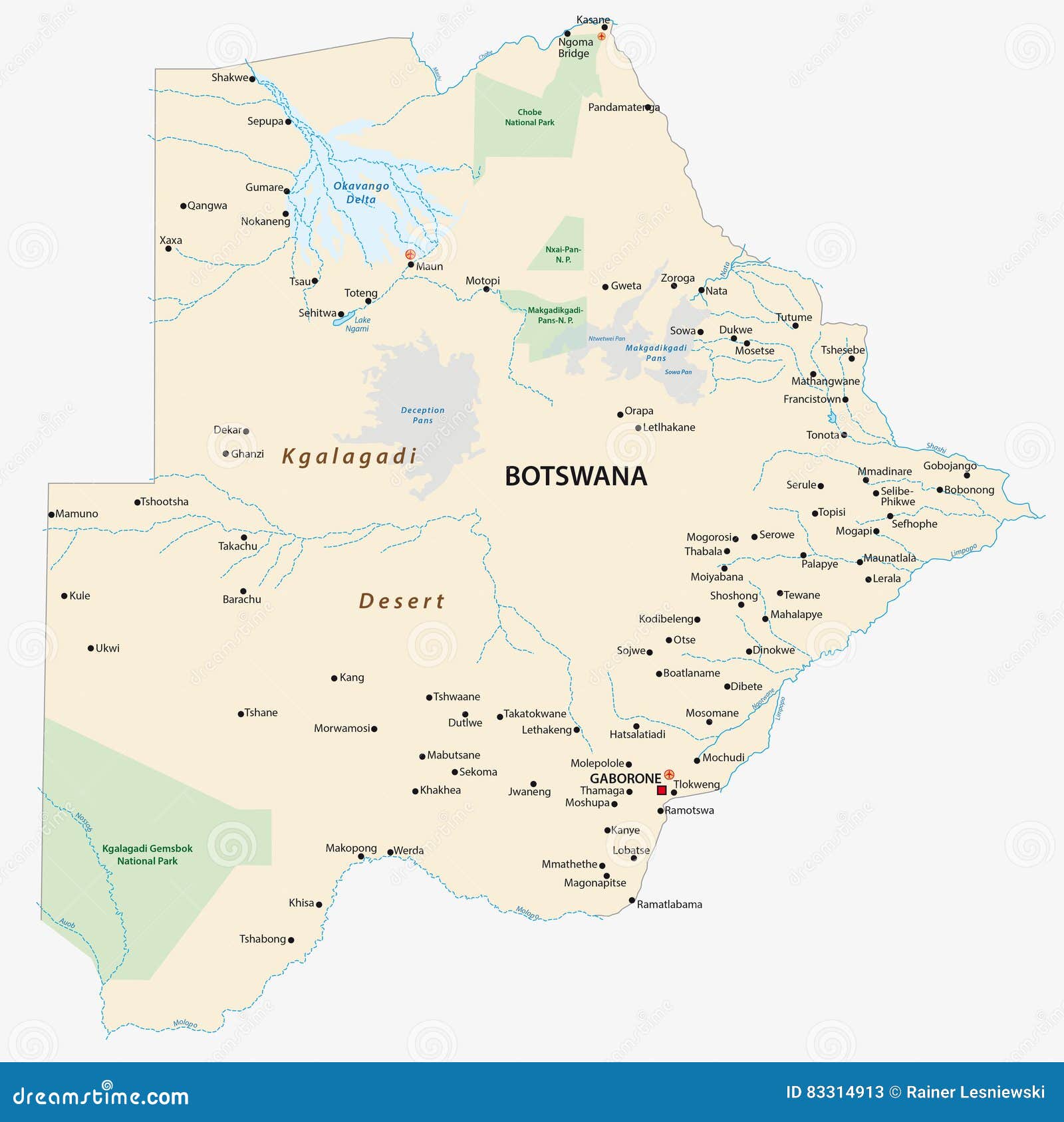 map of botswana with the most important cities and municipalities